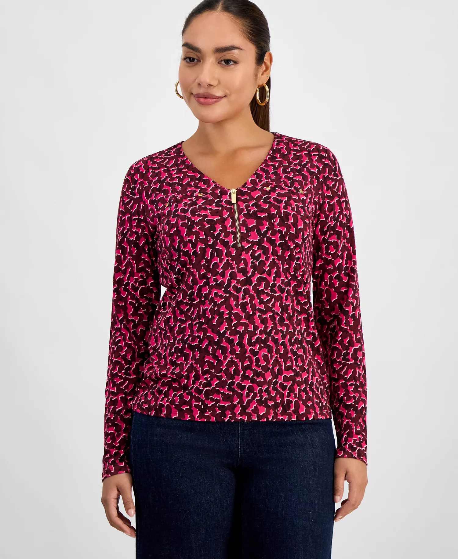 Petite Printed Zip-Front Top, Macy's Exclusive - Yannie Spots - P/XS