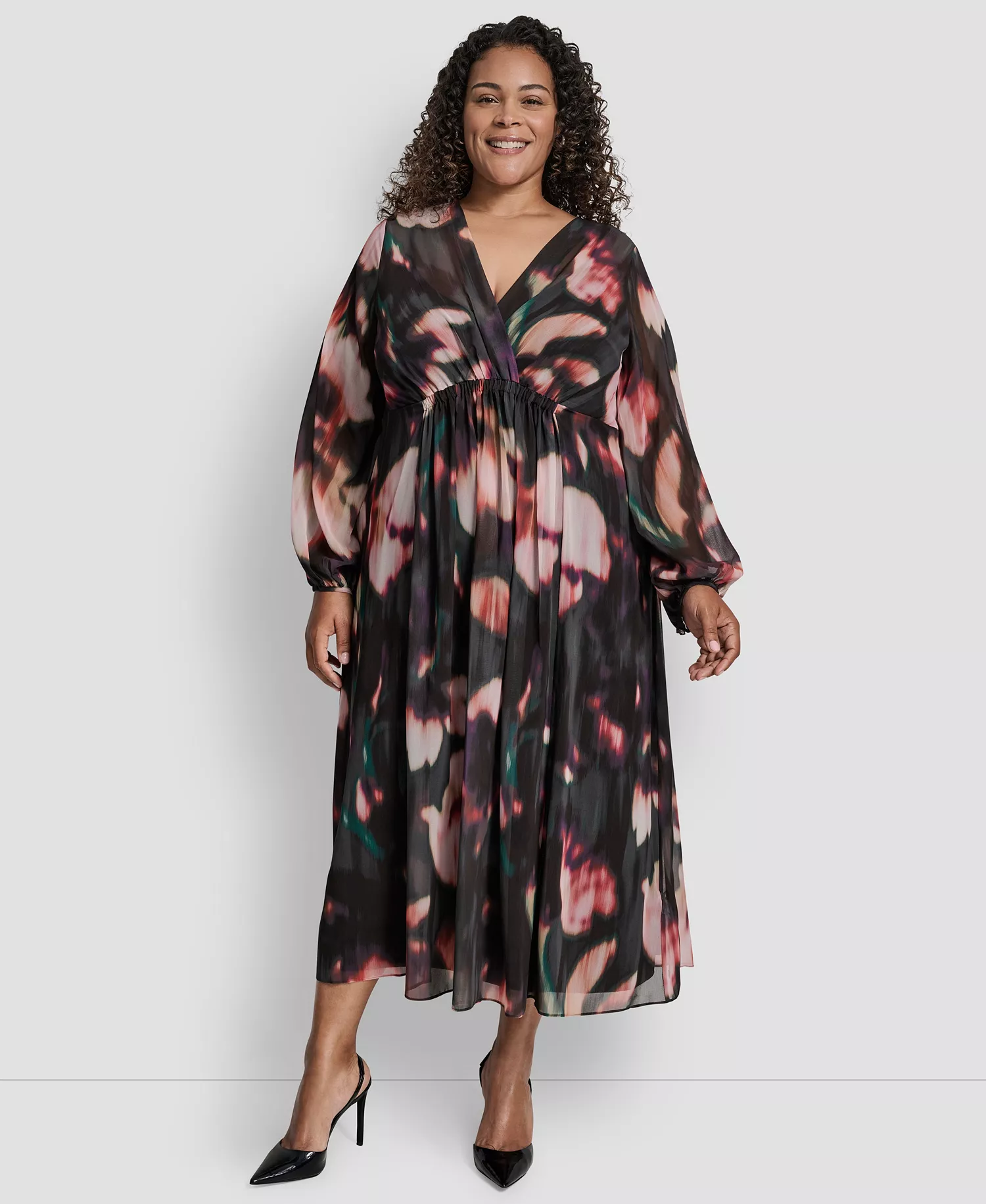 Plus Size Long Sleeve Empire Waist Maxi Dress - Pavilion Floral Chocolate - 16W