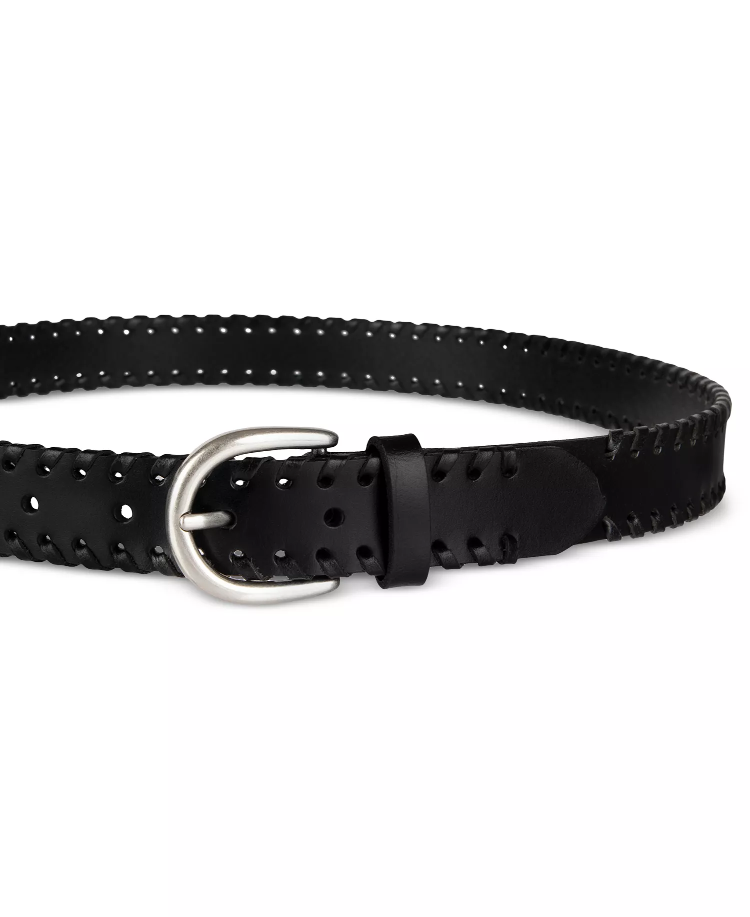 Laced-Edge Casual Leather Belt - Black - L