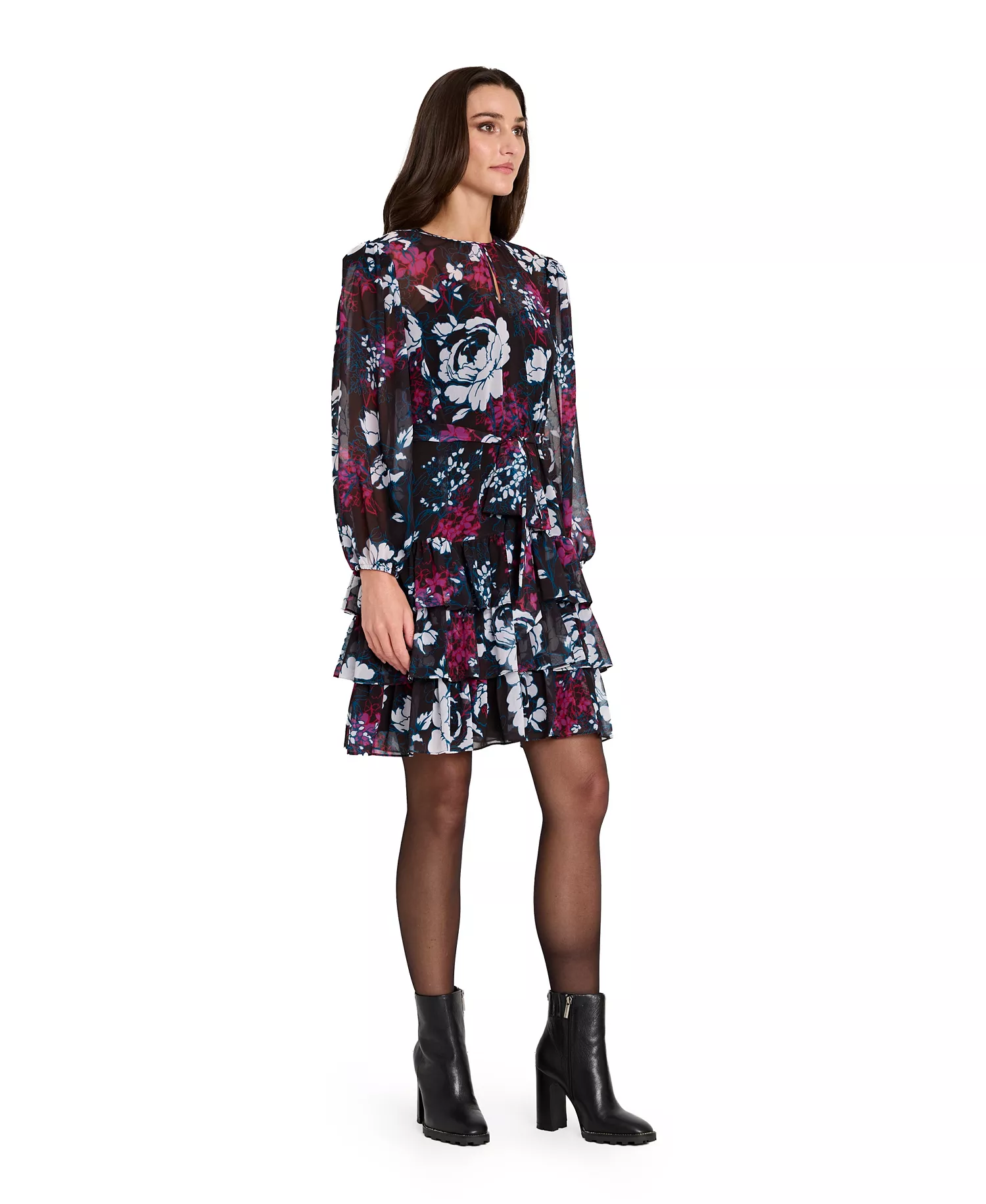 Women's Belted Boucle Long-Sleeve Dress - Black Multi - 10