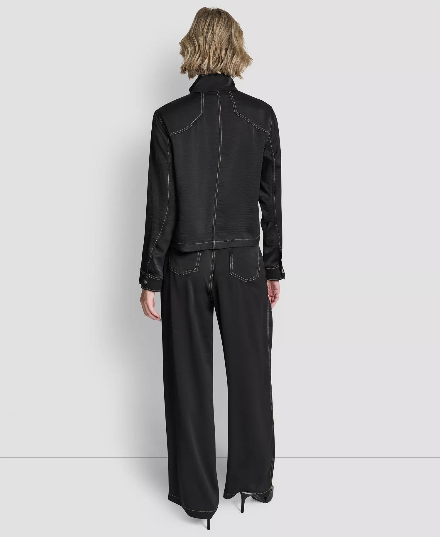 Women's Top Stitch Glazed High Mock Neck Dressing Jacket, Glazed Dressing Trousers and Long-Sleeve Exposed Seam Mesh Top with Sleeveless Camisole - Black - L