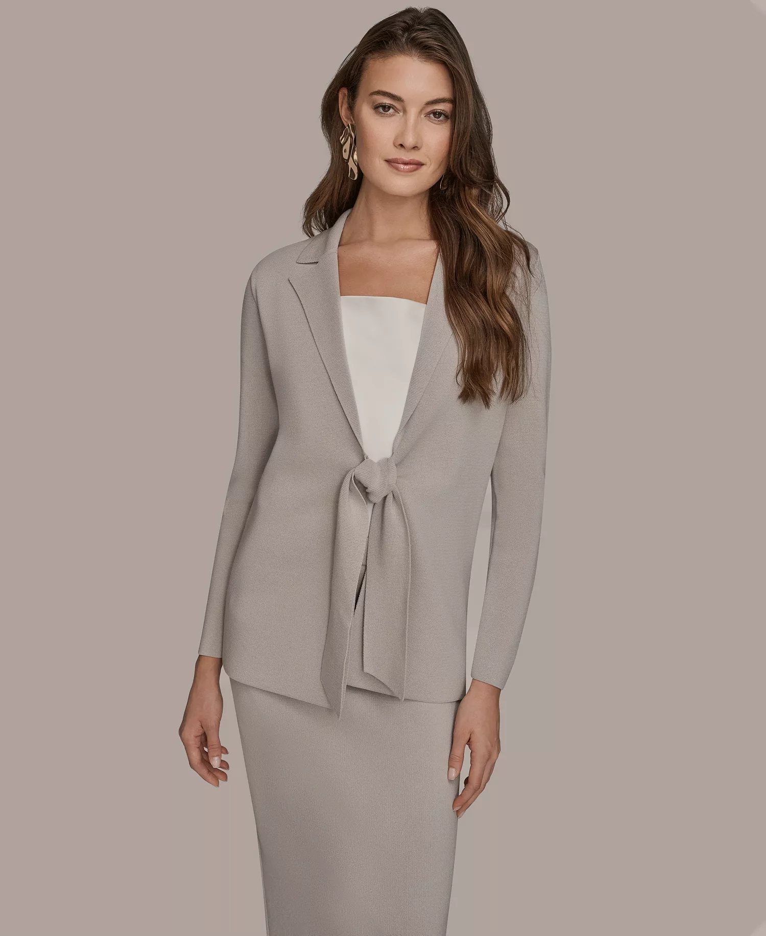Women's Notch Lapel Collar Tie-Front Sweater Blazer - Vapor - L