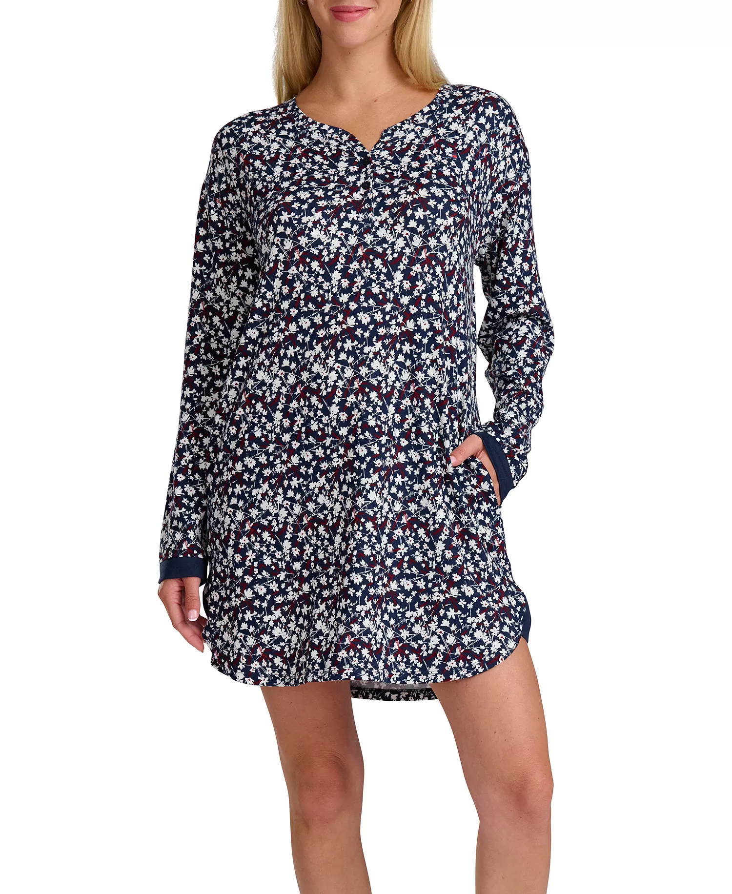 Women's Long Sleeve Henley Sleepshirt - Sky Captain Floral - L