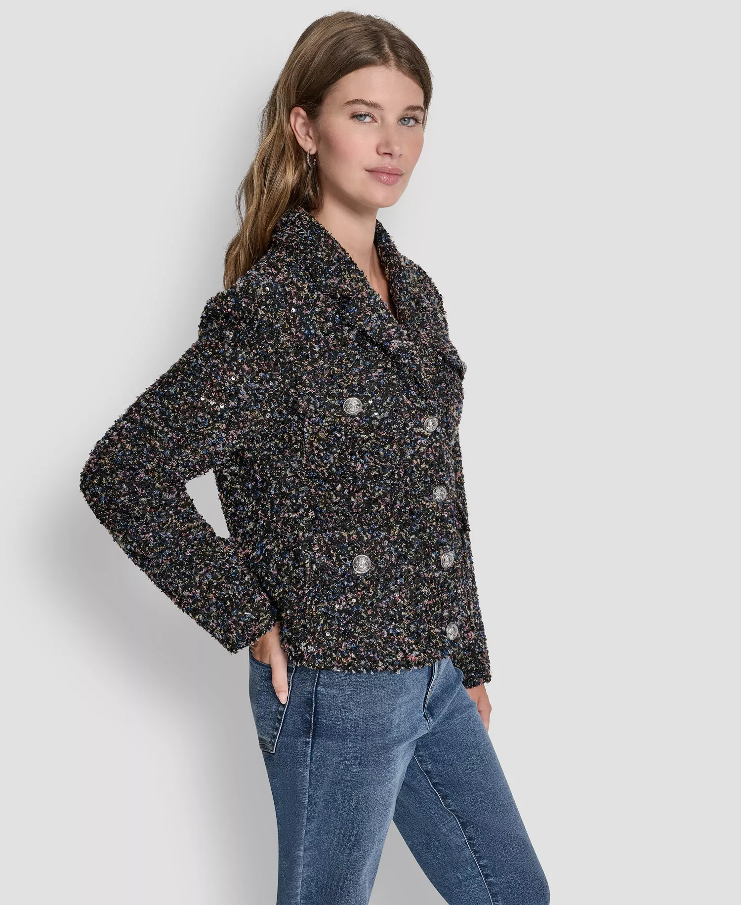 Women's Sequin Boucle Button -Front Jacket - Black/Shiny Silver - 0