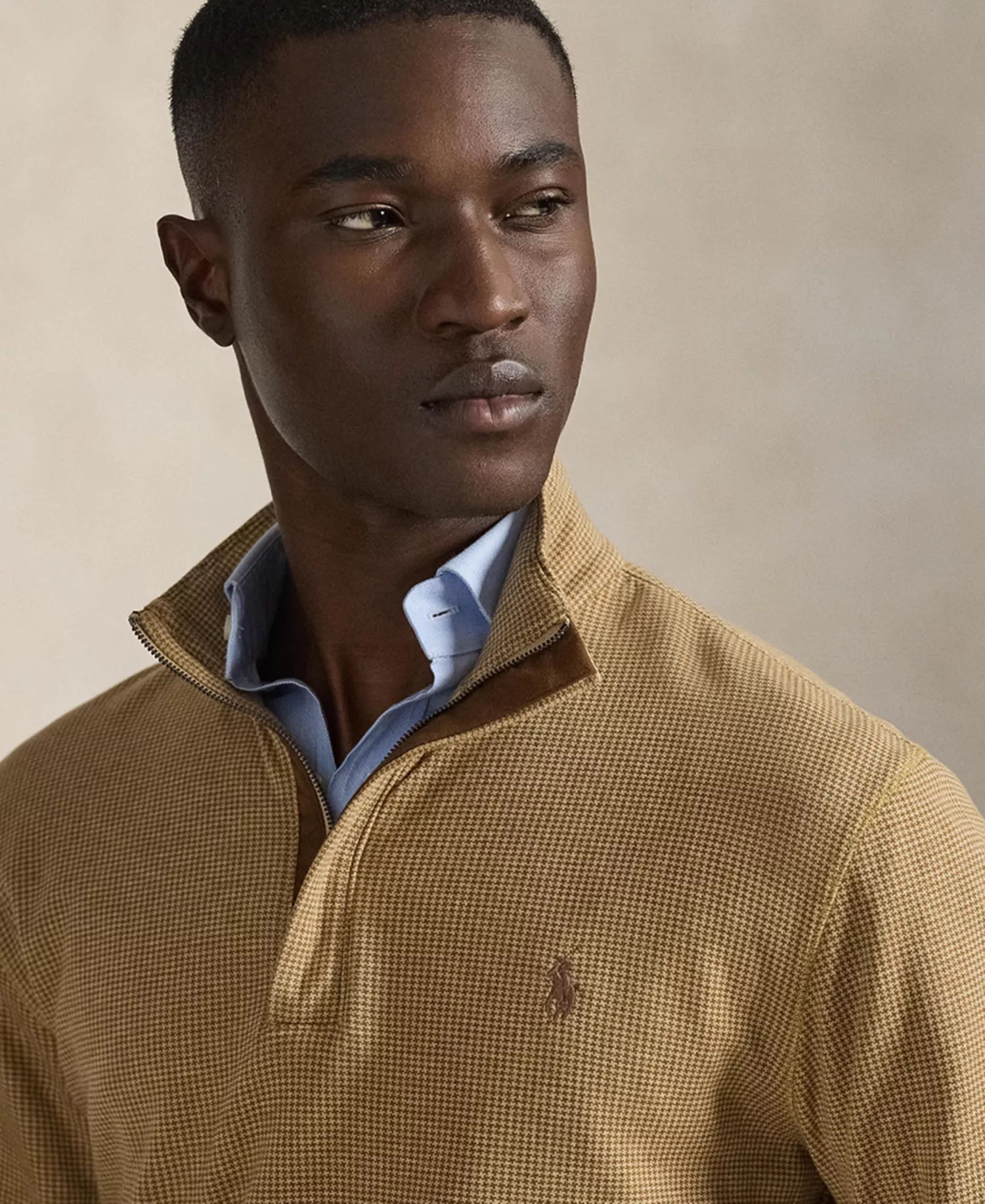 Men's Luxury Jersey Quarter-Zip Pull-On Sweater - Camel/Puppytooth - 2XL