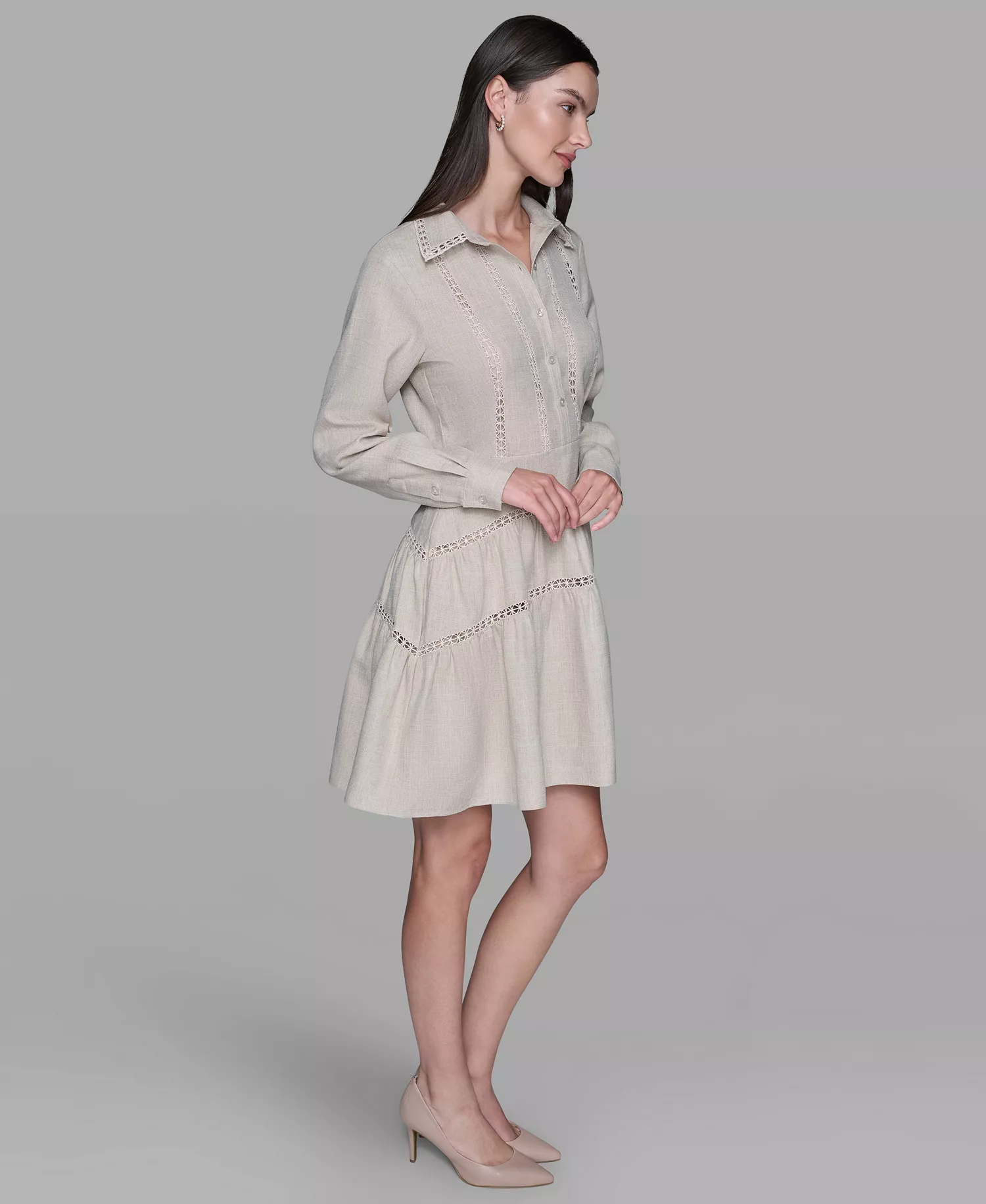 Women's A-Line Collared Short Dress - Beige - 14