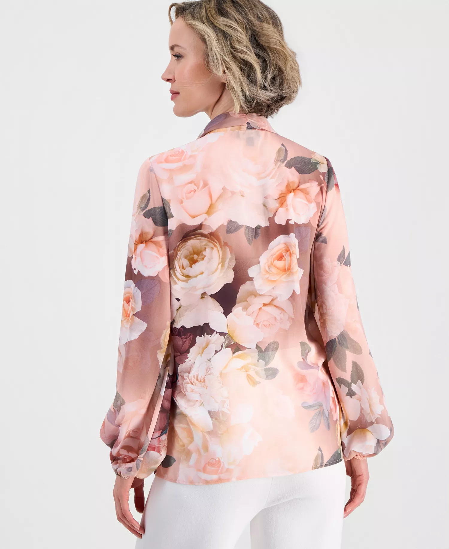 Women's Printed Chiffon Tie-Neck Blouse - Mocha Rose - L