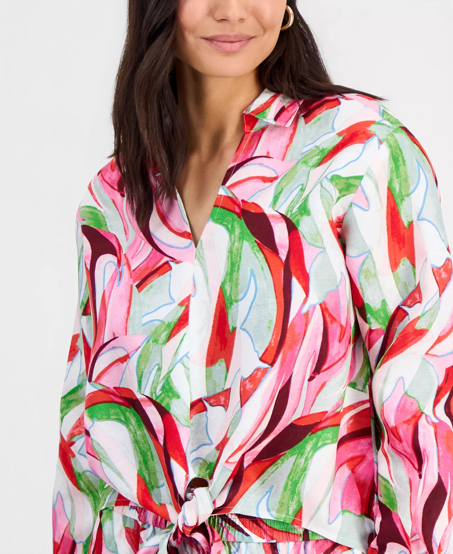 Petite Printed Long-Sleeve Tie-Front Blouse, Created for Macy's - Casey Abstract - P/L