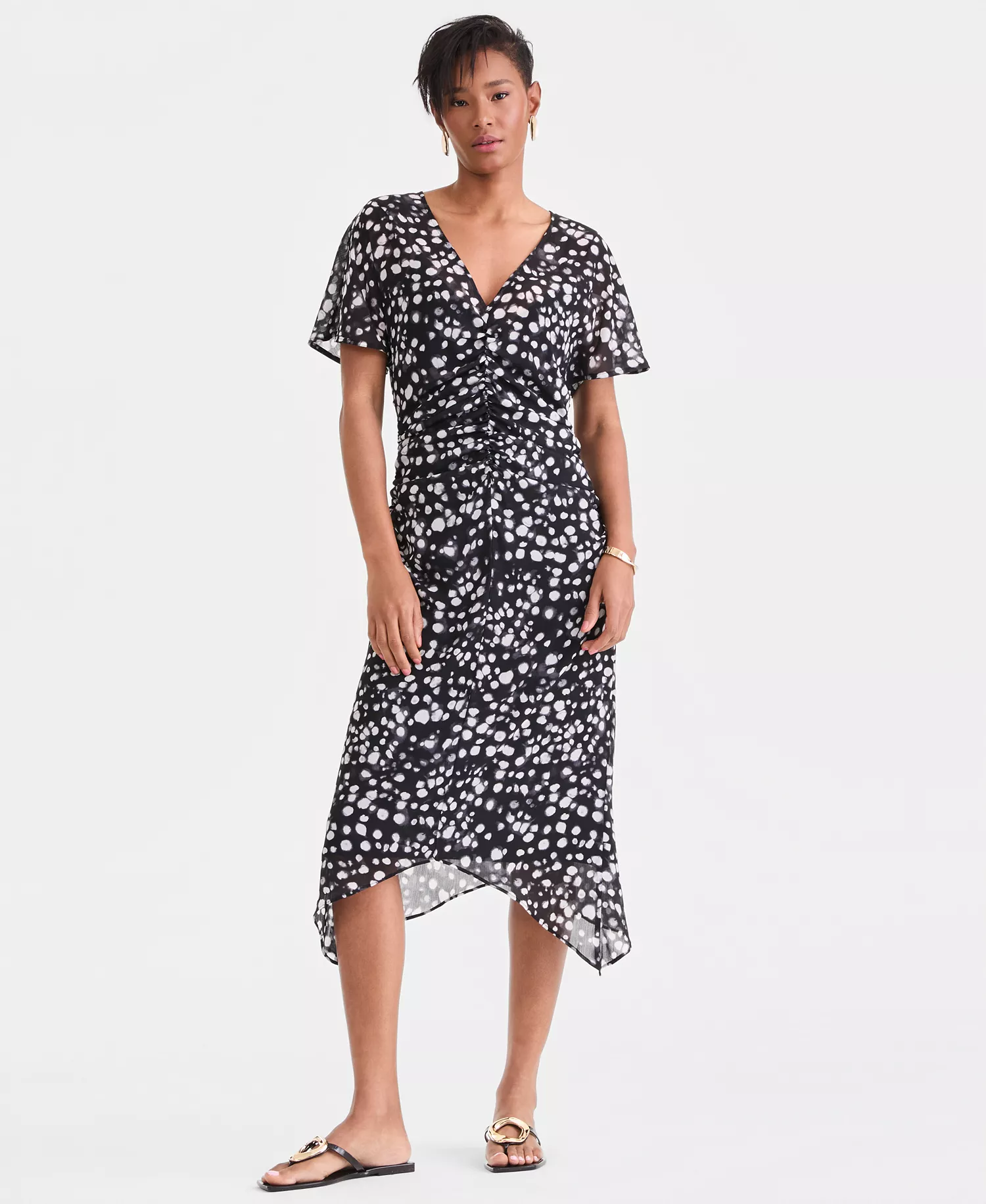 Women's Printed Ruched Midi Dress, Macy's Exclusive - Debbie Dots - L