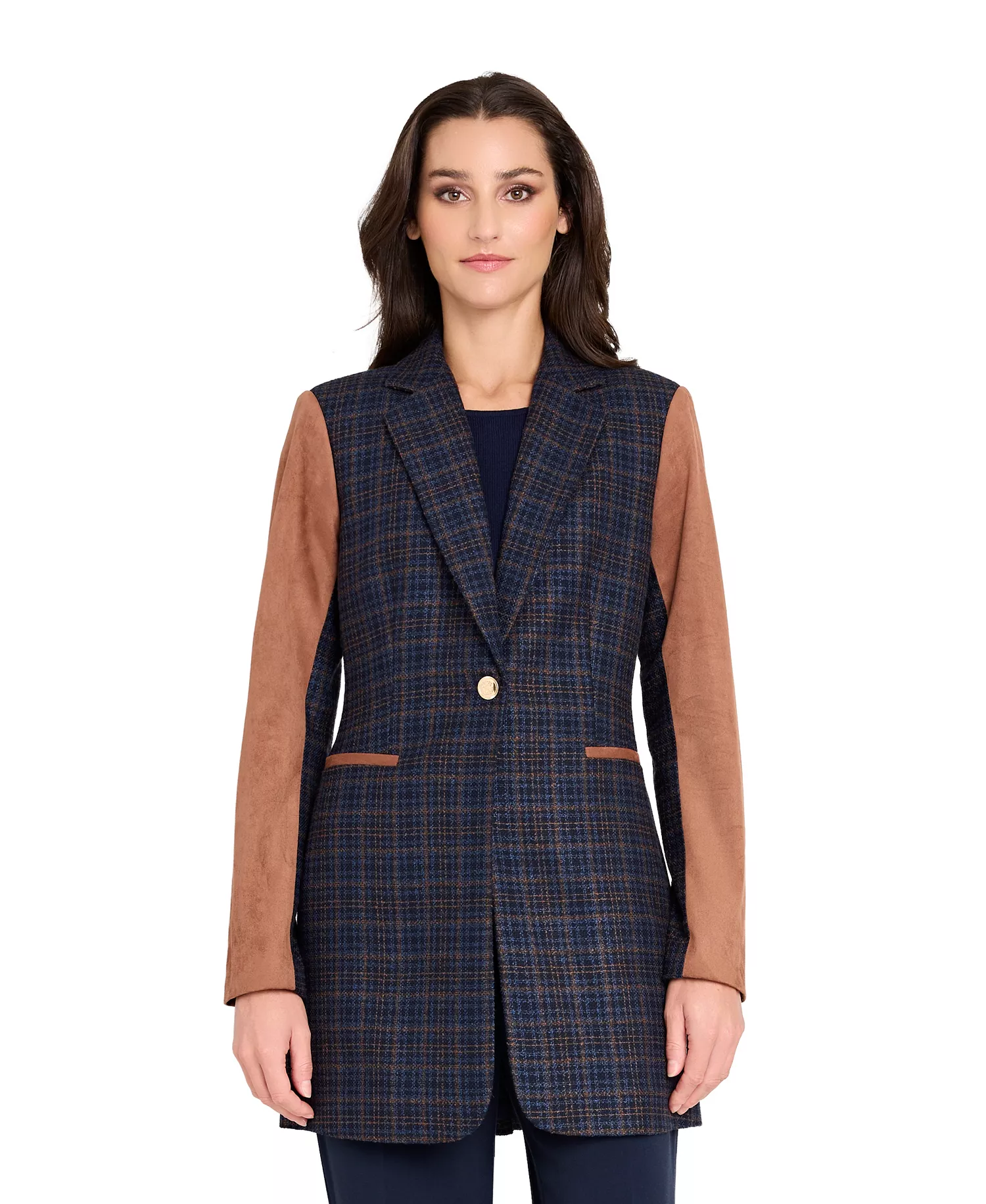 Women's Mixed Media Plaid One-Button Jacket - Navy/tawny - 16