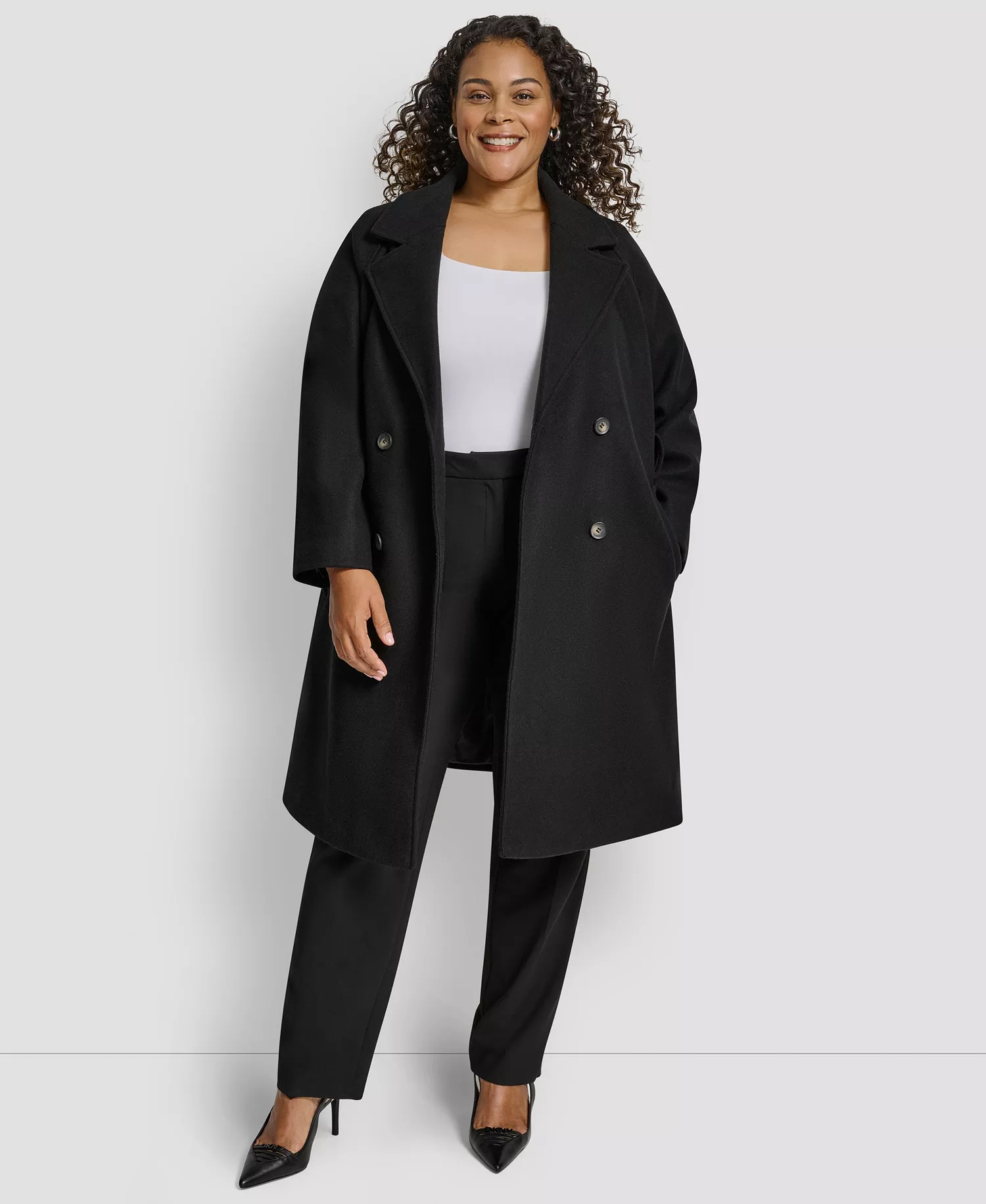 Plus Size Belted Notch Collar Coat - Black - 0X