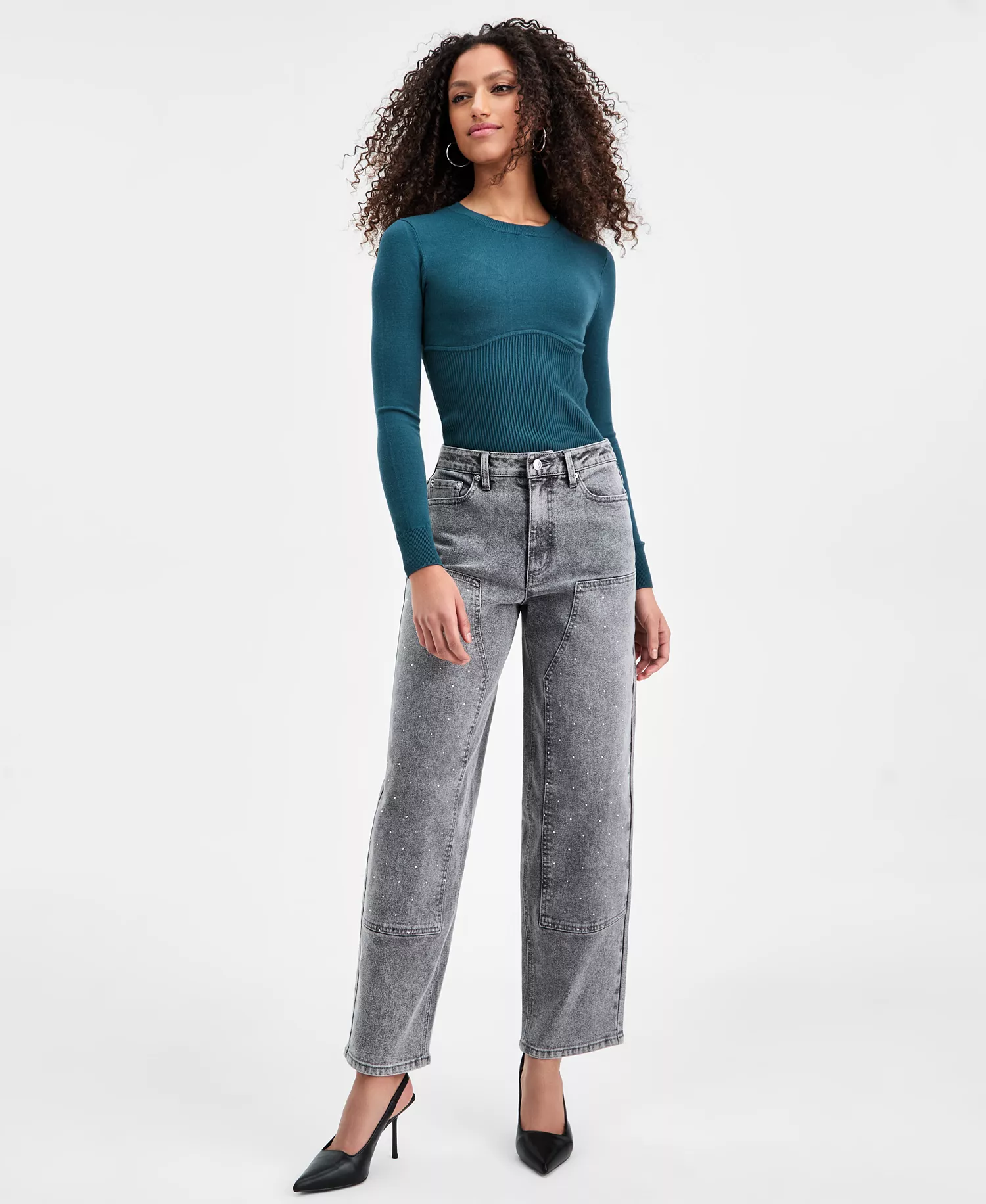 Women's Rhinestone Embellished Barrel-Leg Jeans, Macy's Exclusive - Gray Wash - 0