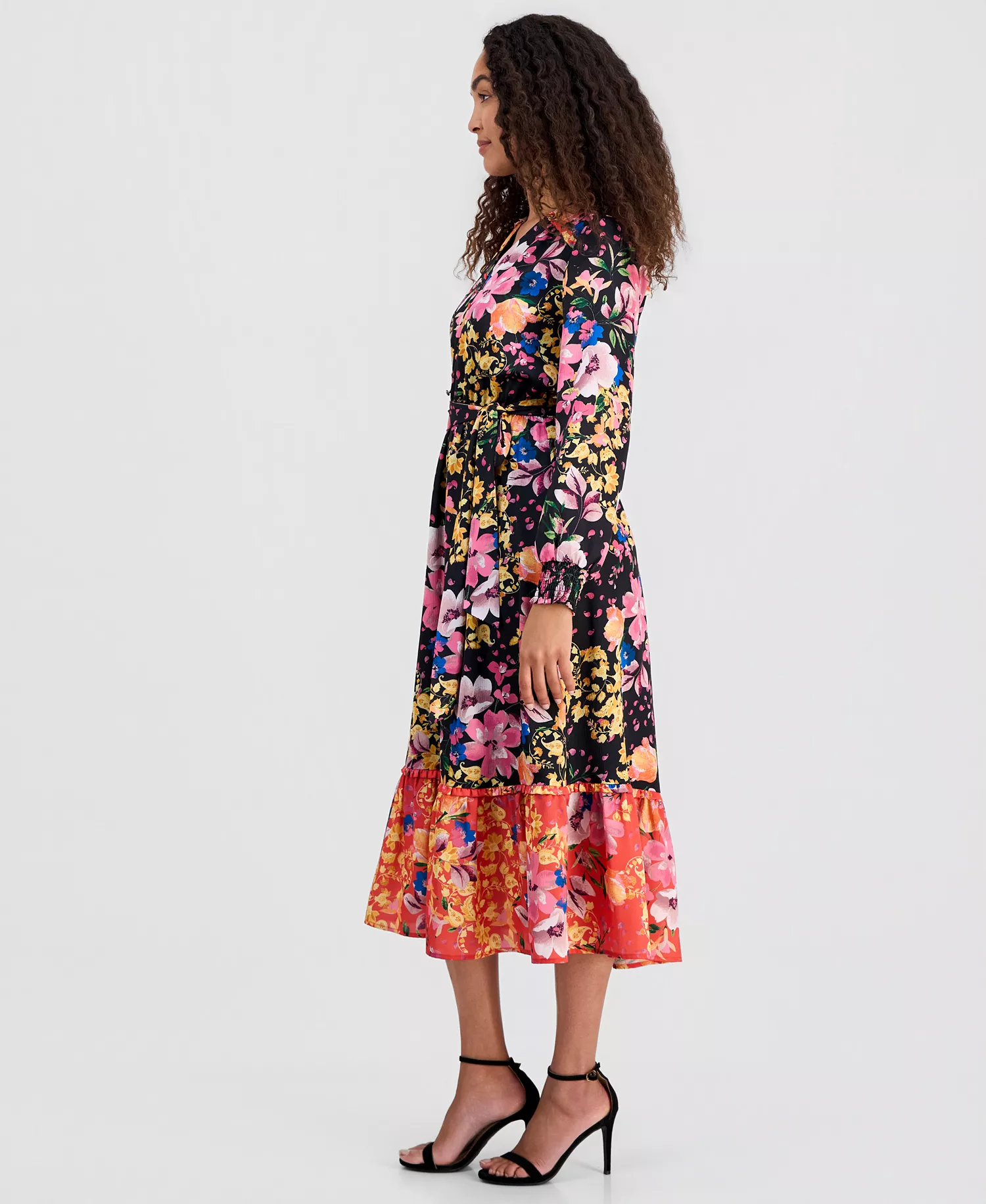 Women's Mixed Floral-Print Tiered Fit & Flare Dress - Gilded Garden Print - L