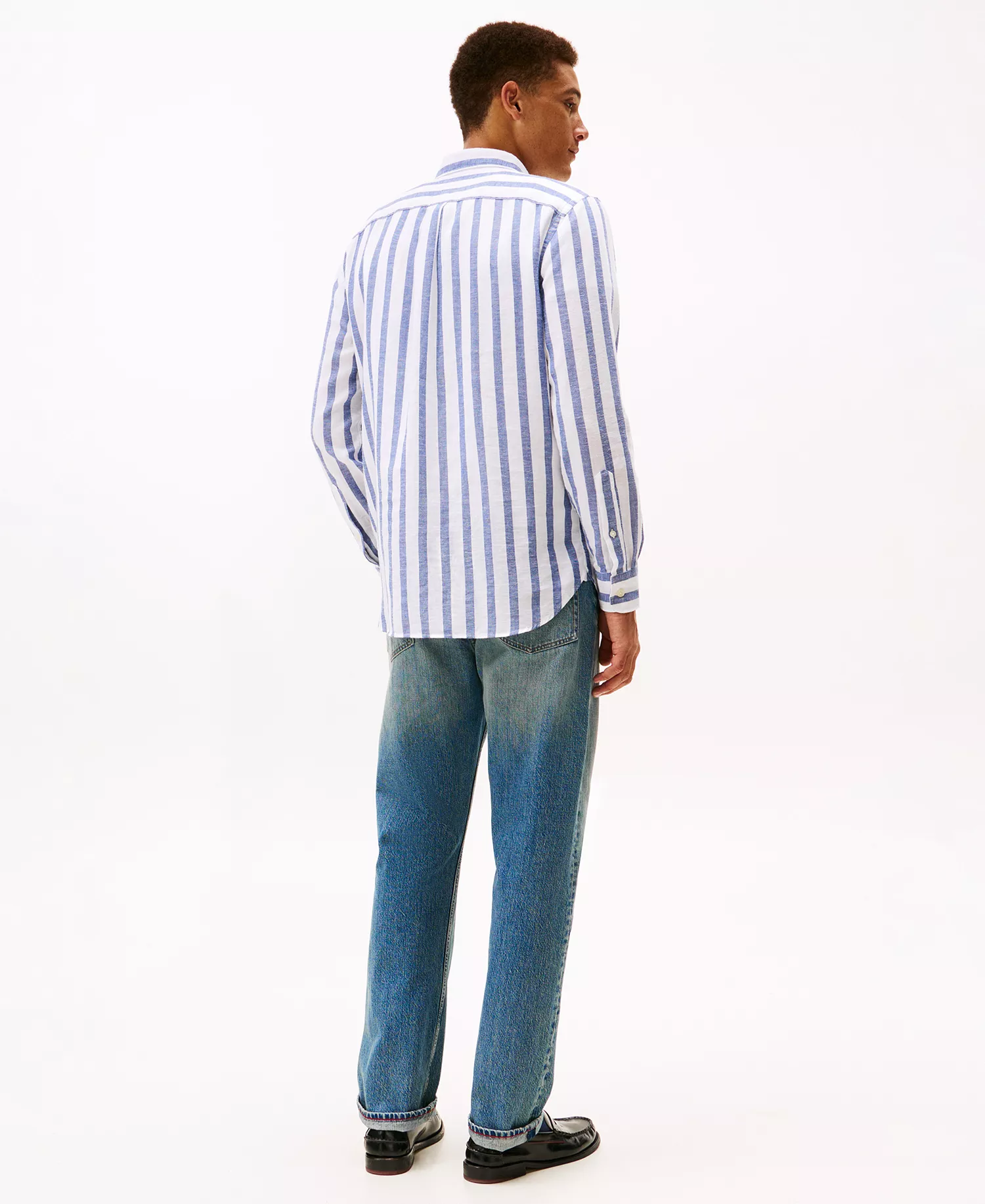Men's Twill Linen-Blend Striped Relaxed Fit Shirt - Bold Blue / Stripe - L