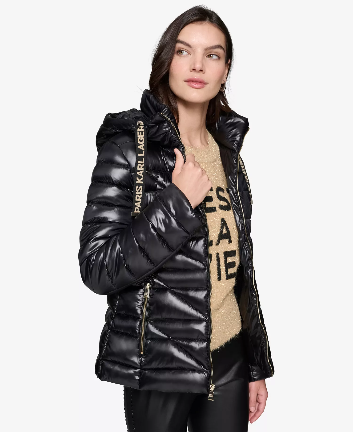 Women's Drawstring Puffer Coat - Black - L