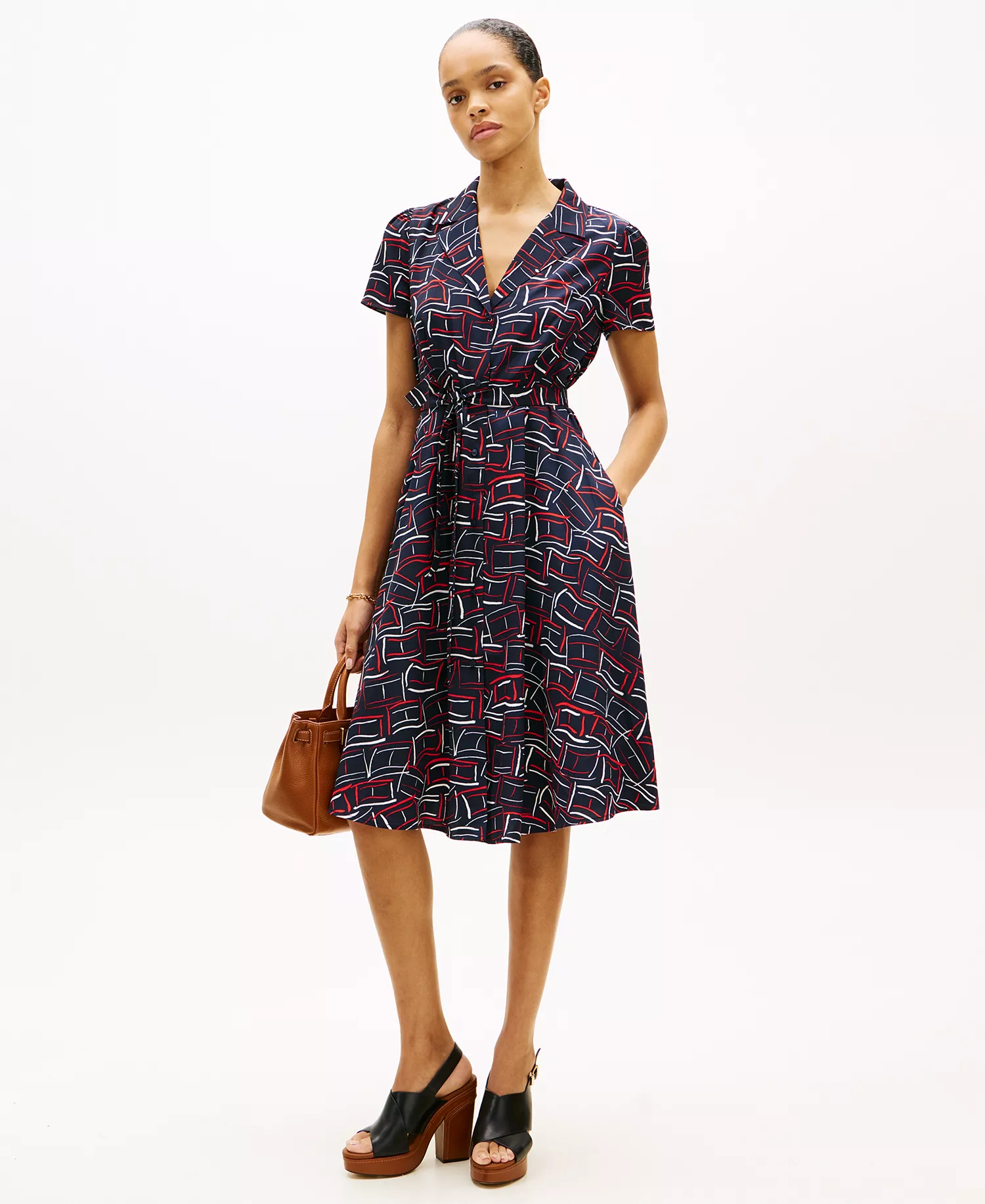 Women's Fluid Printed Collared Shirt Dress - Blue - L