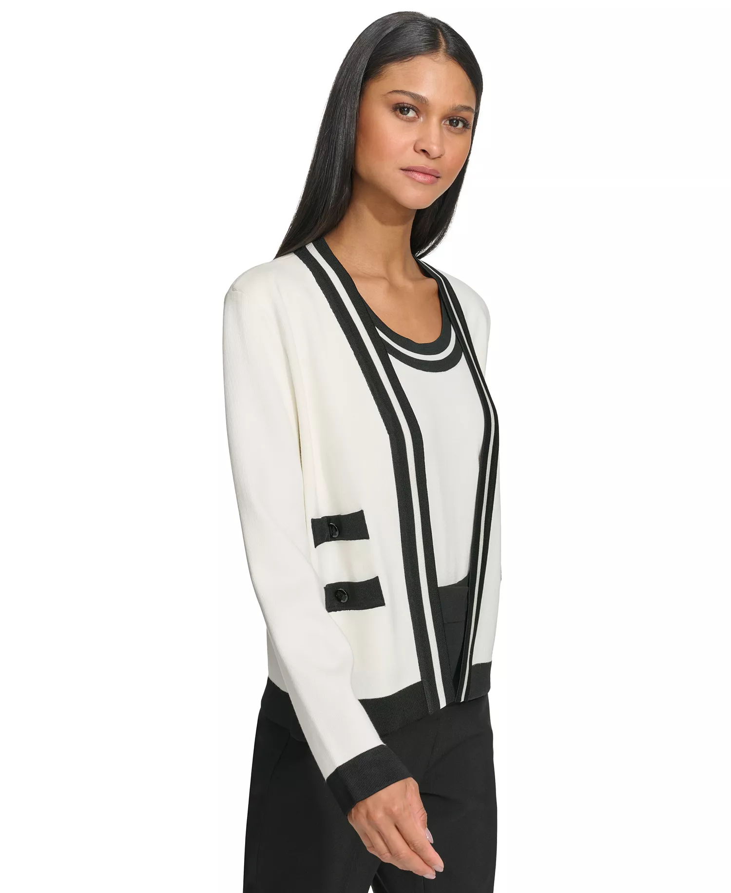 Women's Open-Front Long-Sleeve Knit Cardigan with Contrast Trim - Black/soft White - L