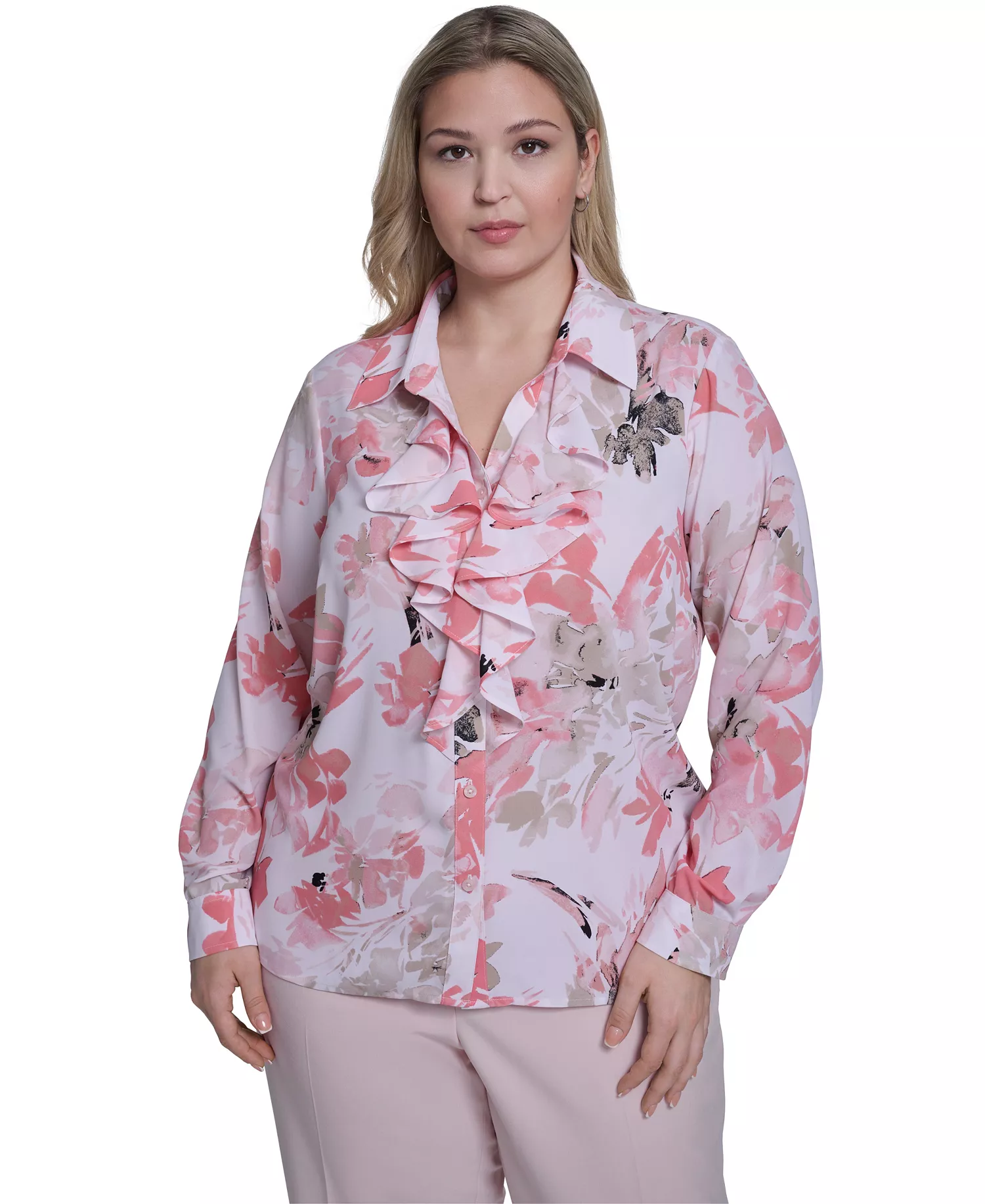 Plus Size Printed Long-Sleeve Ruffle-Front Top - Petal/Latte Multi - 1X