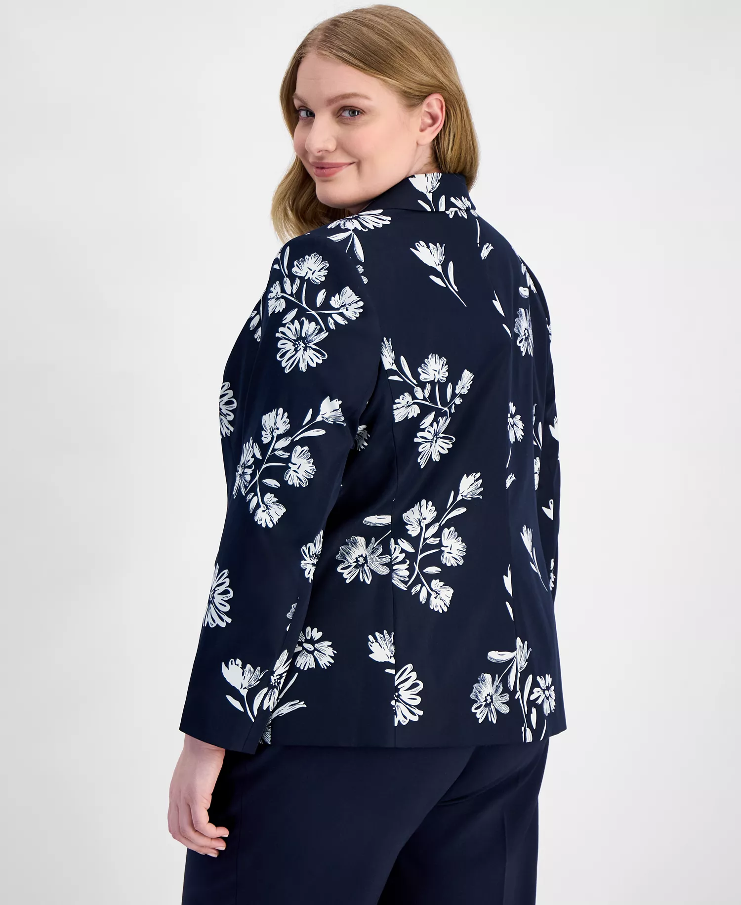 Plus Size Printed Notch-Lapel Blazer  - Navy Ivory - 14W