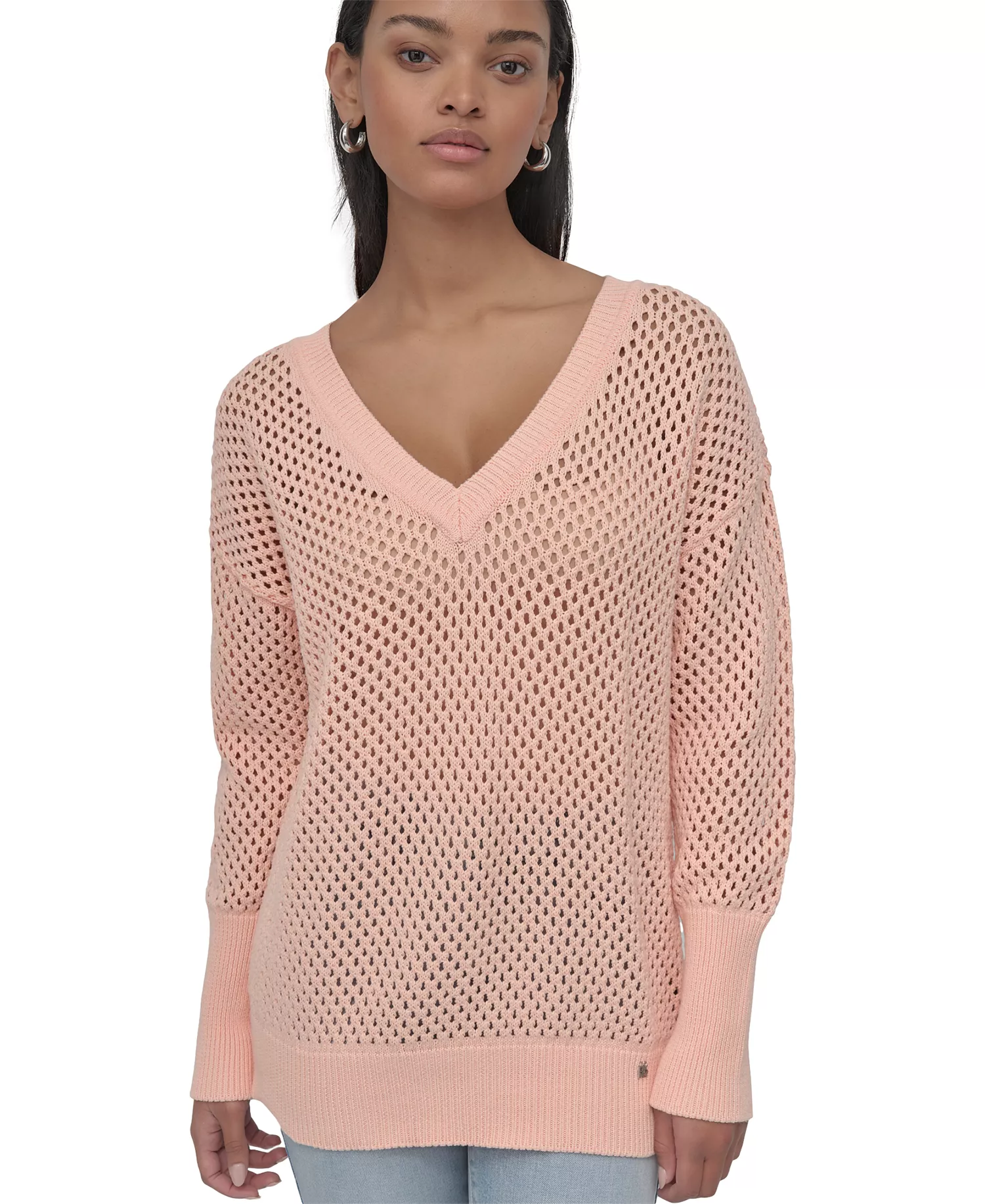 Women's Cotton Open-Knit V-Neck Sweater - Twv - Trop Peach - XL