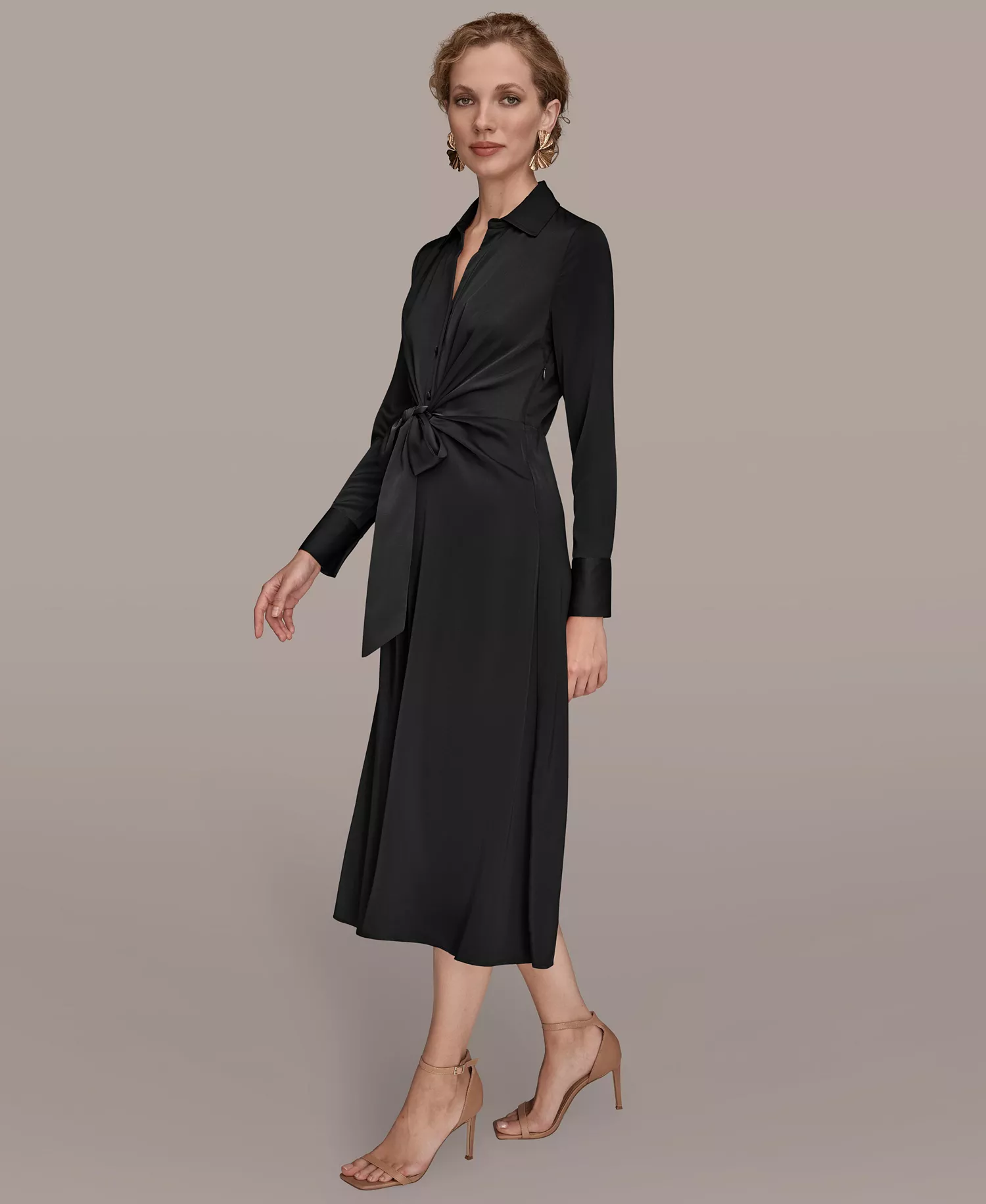 Women's Tie Front Shirt Dress - Black - 10