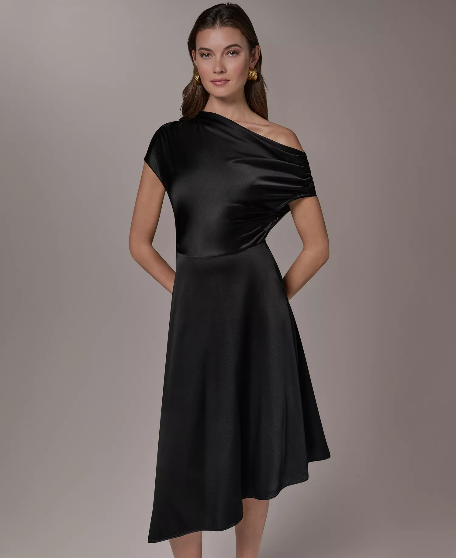 Women's Silk A-Line One-Shoulder Dress - Black - 10