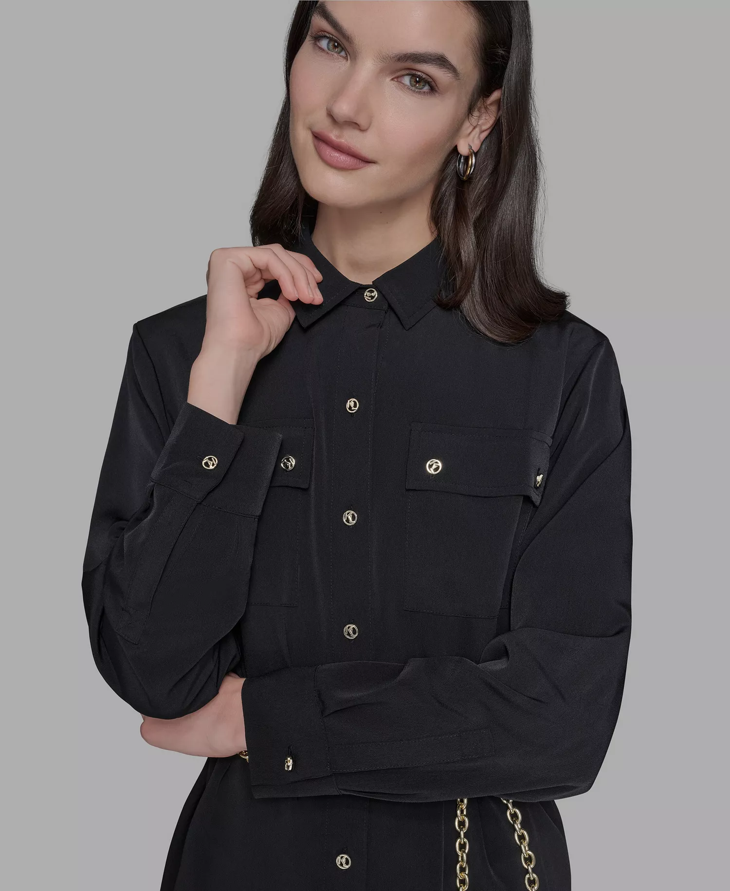 Women's Belted Chest-Pocket Top - Black - L