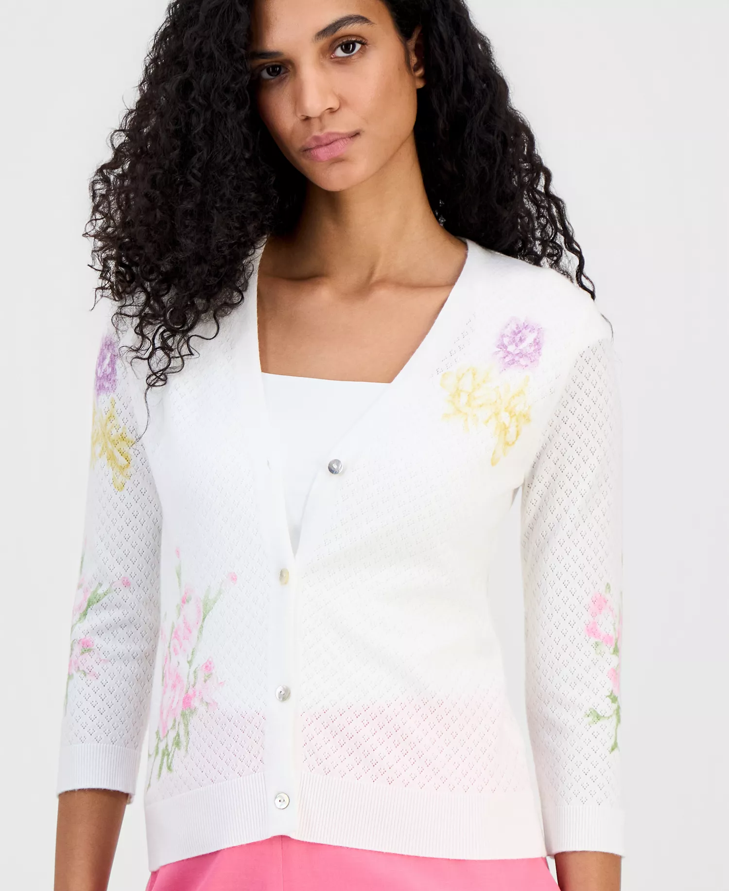 Women's Pointelle V-Neck Cardigan - White Star - L