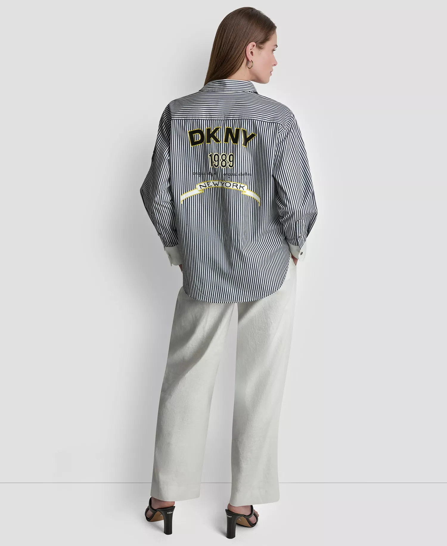 Women's Striped Button-Down Shirt - Navy/white - L