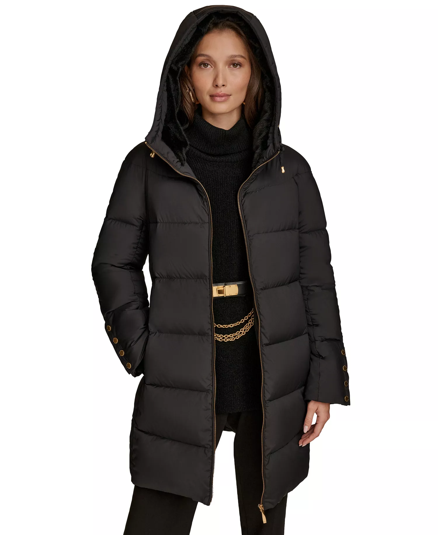 Women's Hooded Down Puffer Coat - Black - L