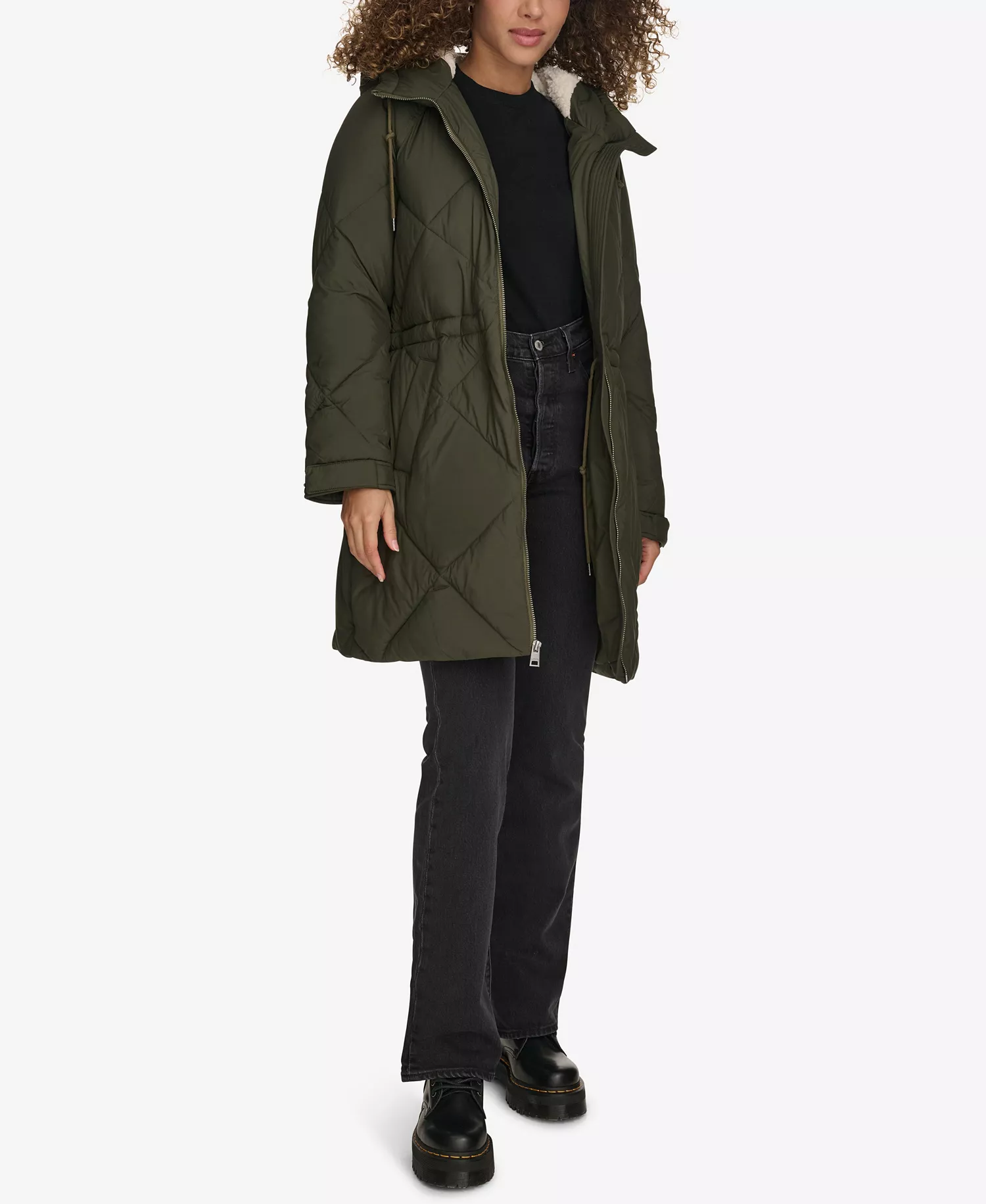 Women's Diamond Quilted Cinch Waist Parka Jacket - Army Green - L