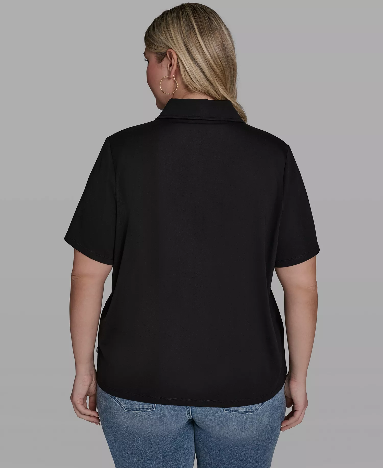 Plus Size Floral Polo Short-Sleeve Top - Black - 0X