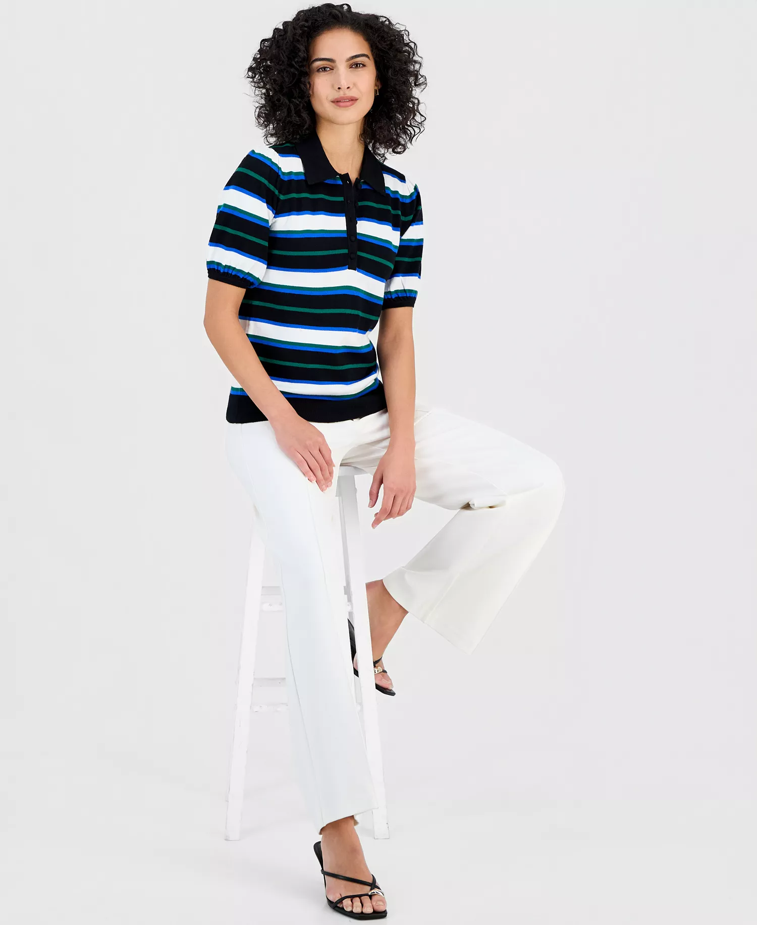 Women's Striped Elbow-Sleeve Polo Shirt - Bk/twlt Sk - L