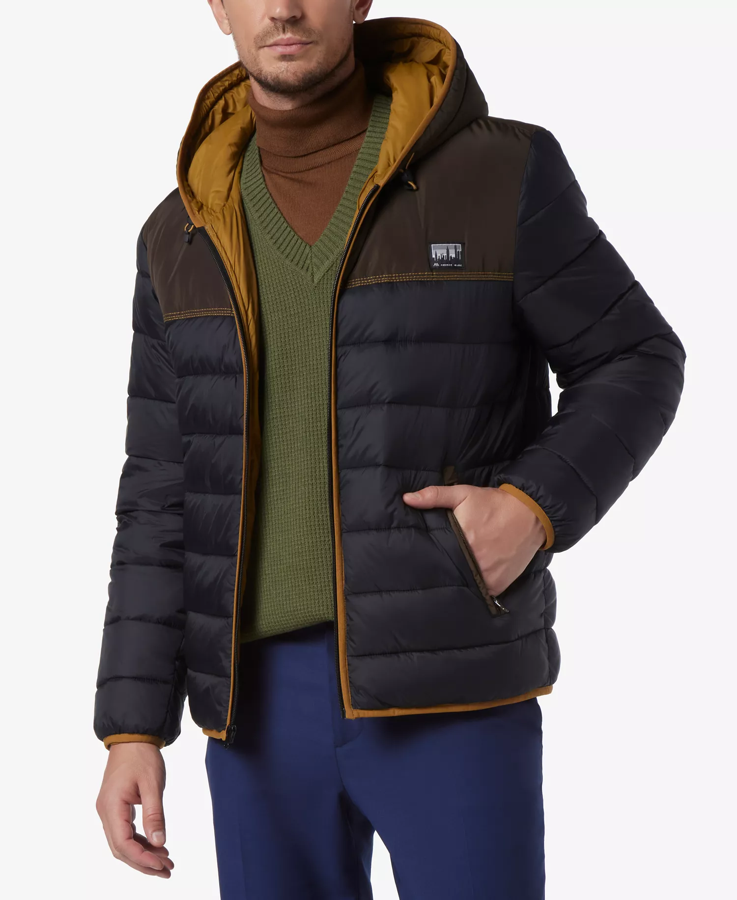 Men's Malone Mixed-Media Colorblocked Packable Hooded Jacket - Black - L