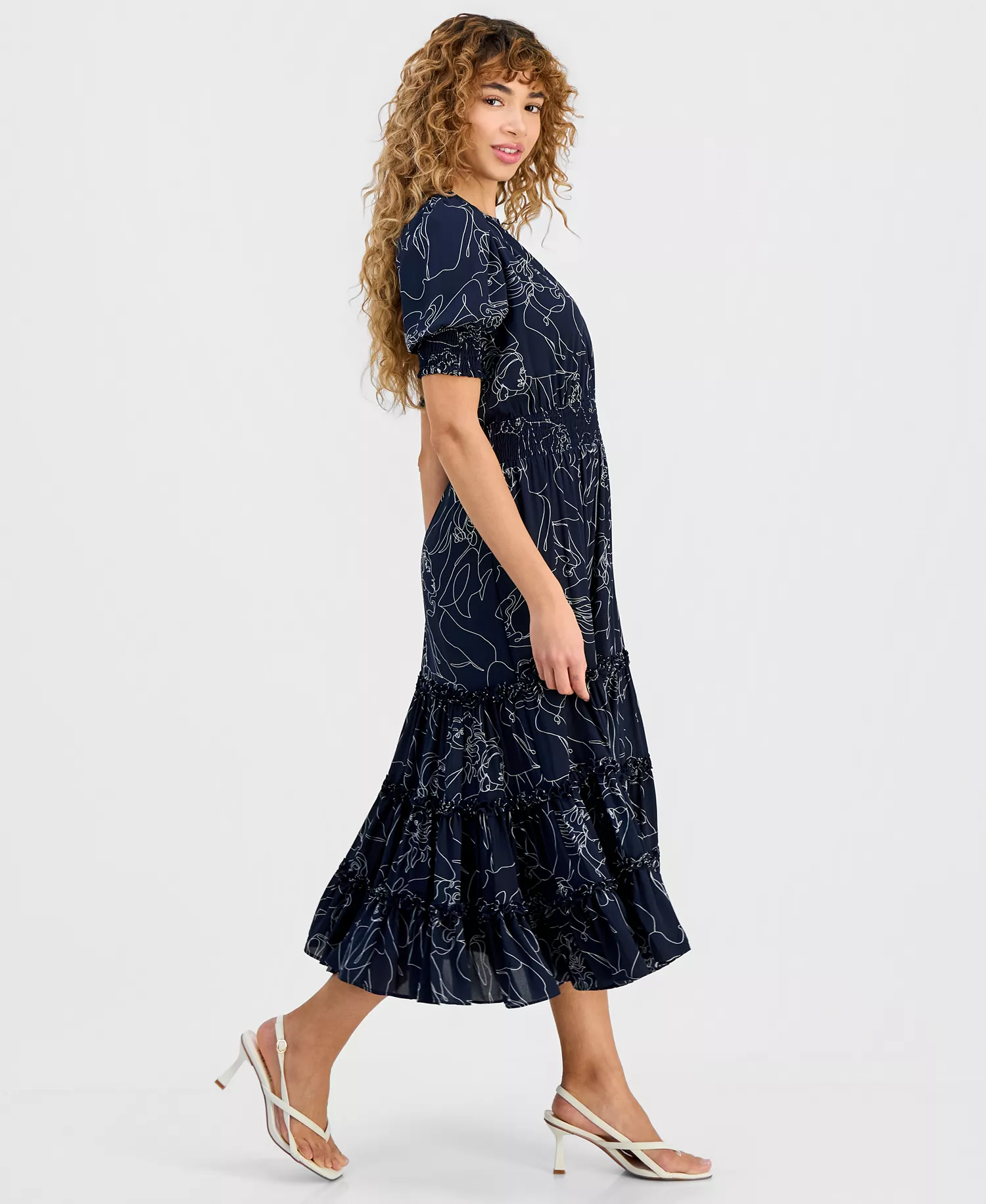 Women's Floral-Print Smocked-Waist Elbow-Sleeve Dress - Lifeform - L