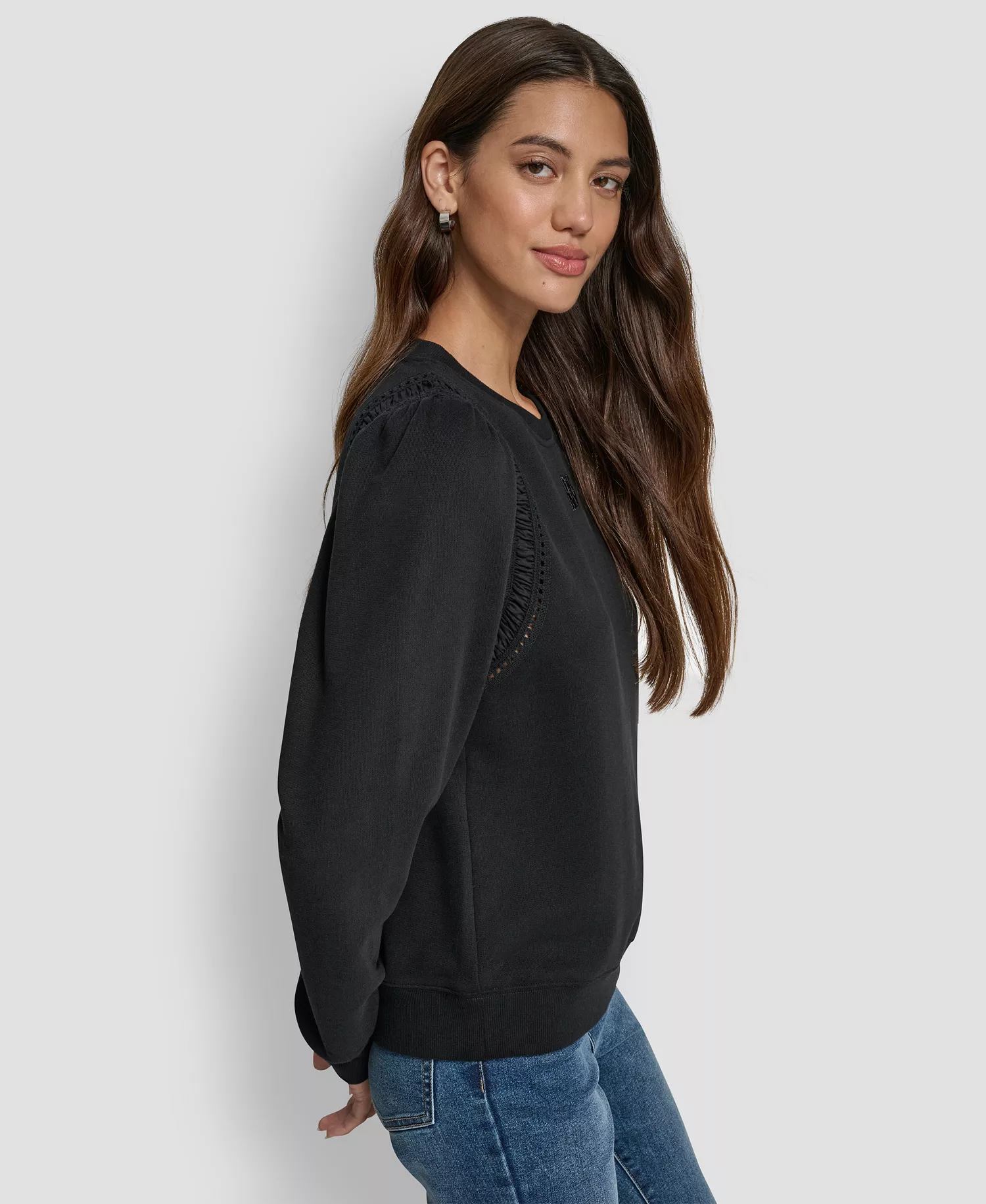 Women's Lace Detail Crew Neck Sweatshirt - Black - L
