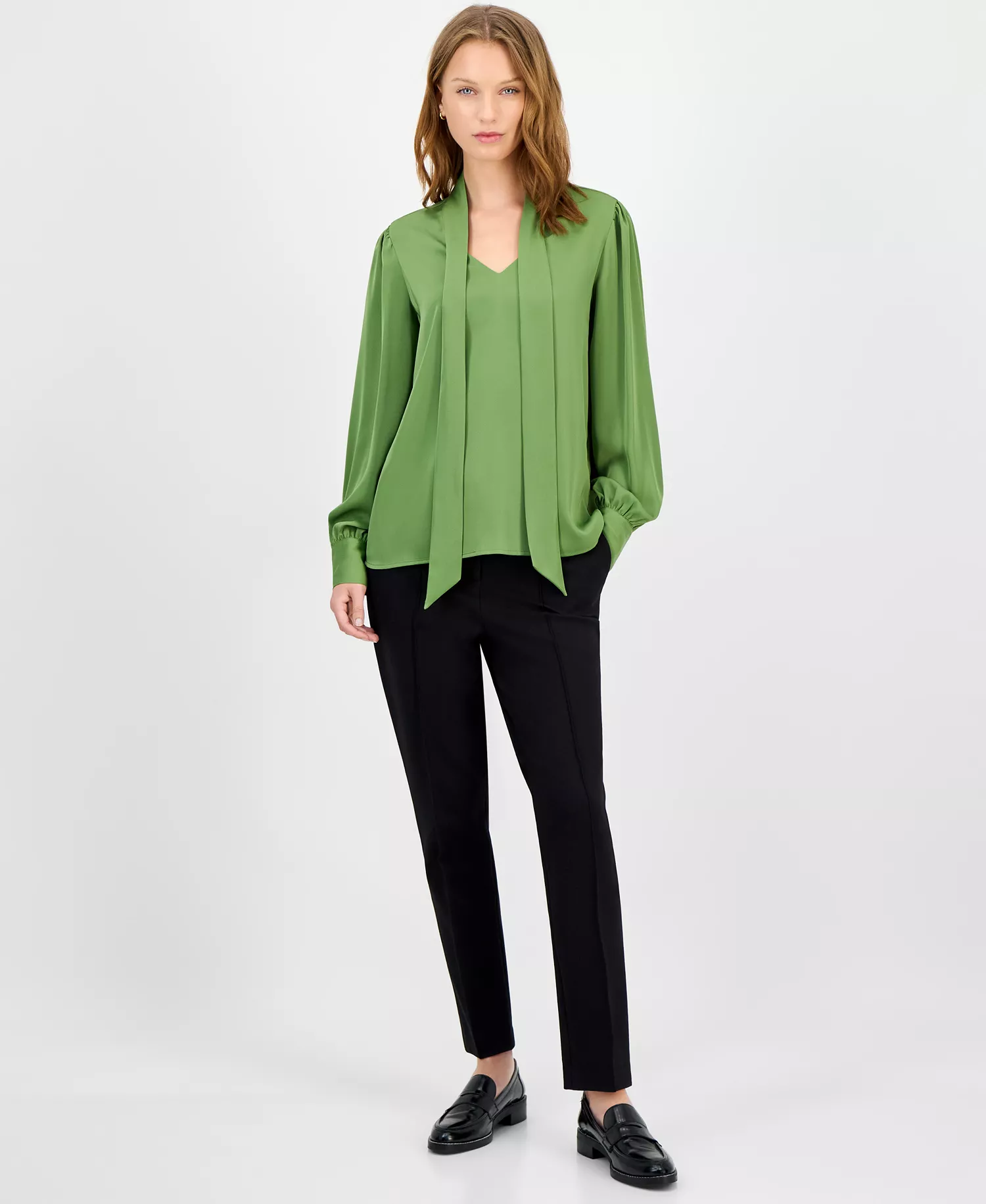 Women's Bow-Neck Tie Blouse - Forest Moss - L