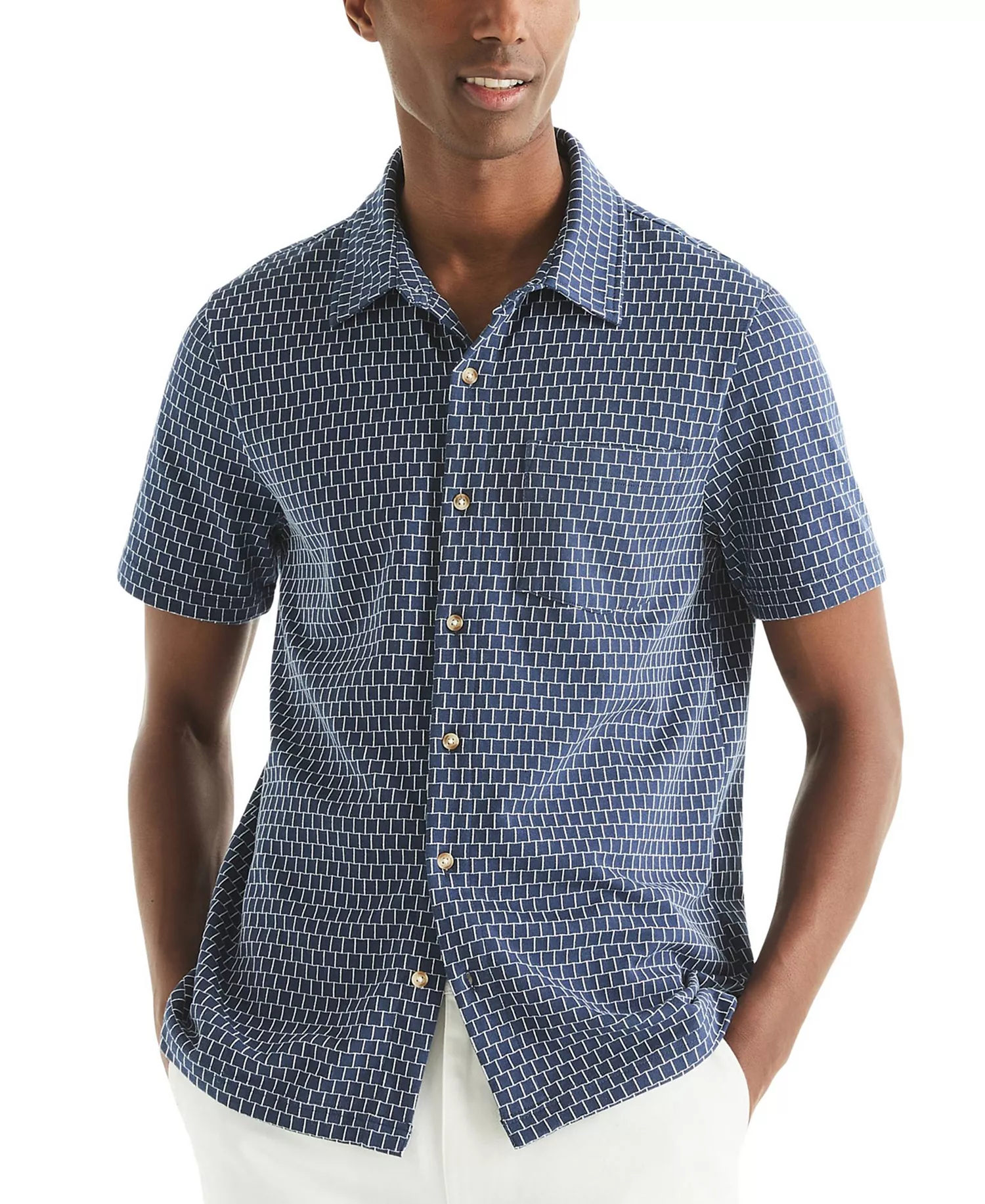 Men's Classic-Fit Brick Pattern Button-Front Short-Sleeve Shirt - Navy Seas - L