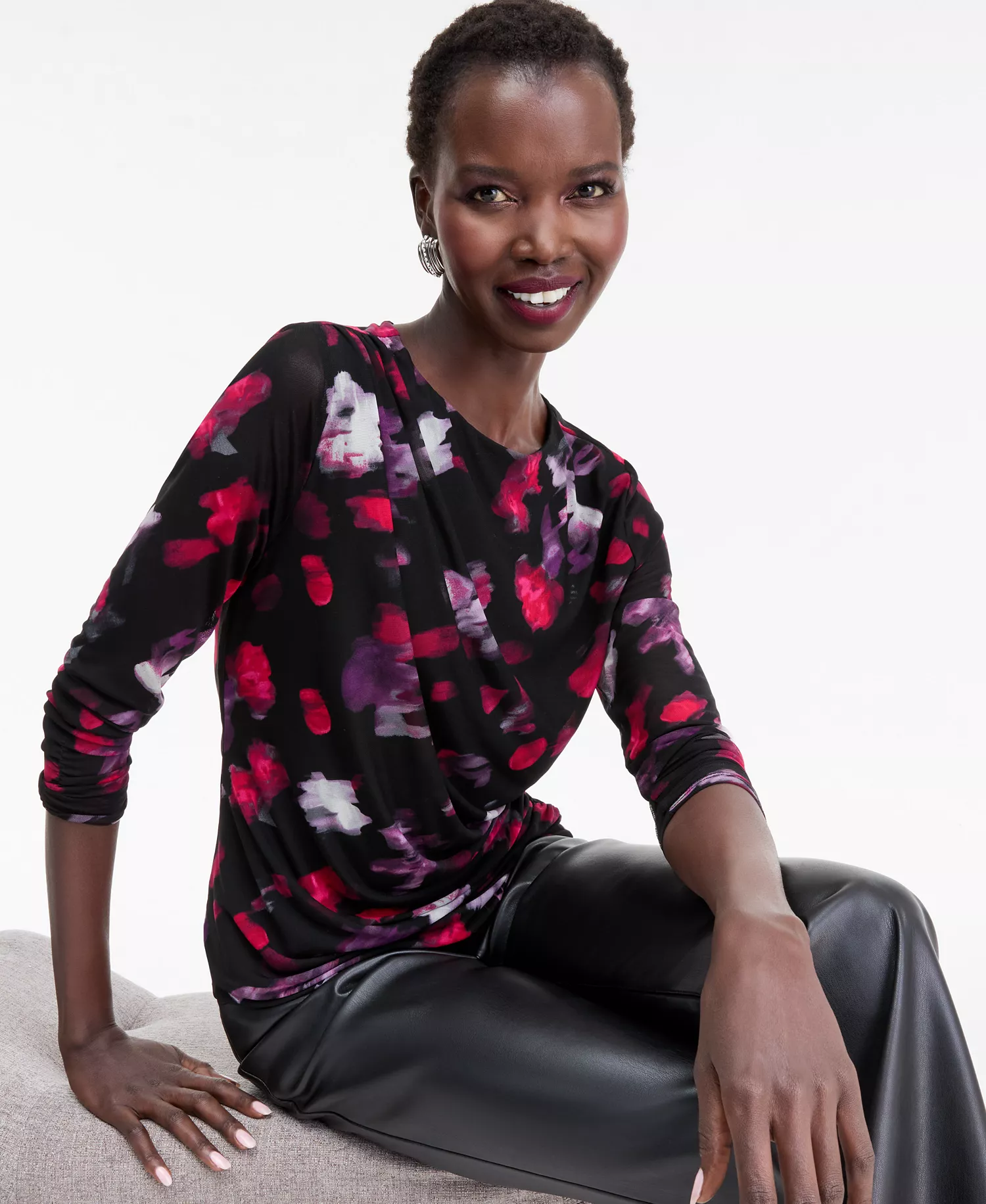 Women's Printed Long-Sleeve Draped Mesh Top - Ava Blooms - L