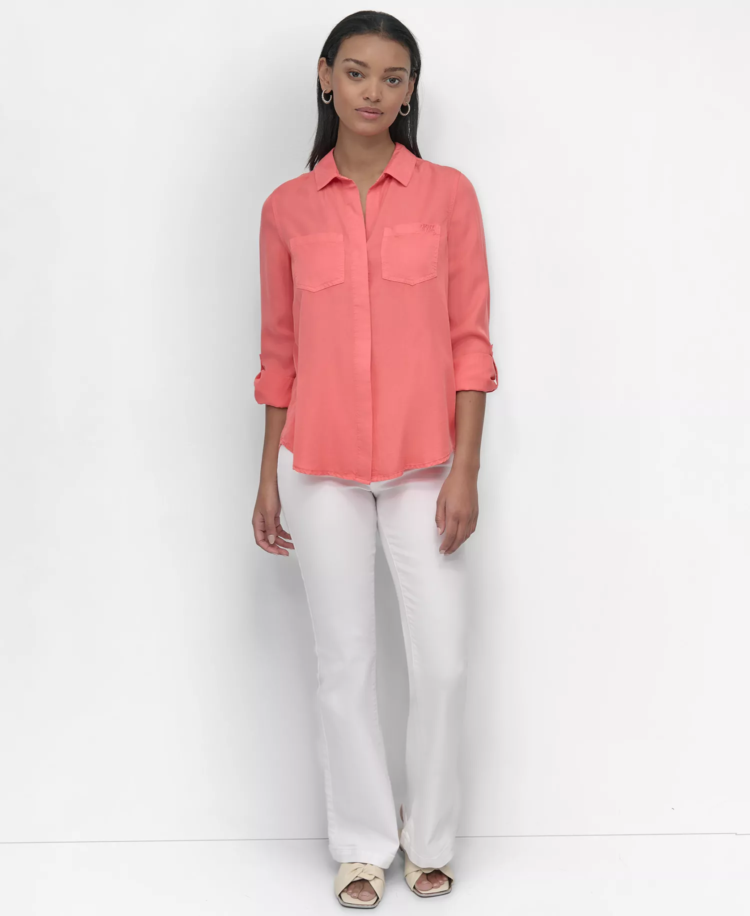 Women's Roll-Tab-Sleeve Button-Front Shirt - Coral Crush - L