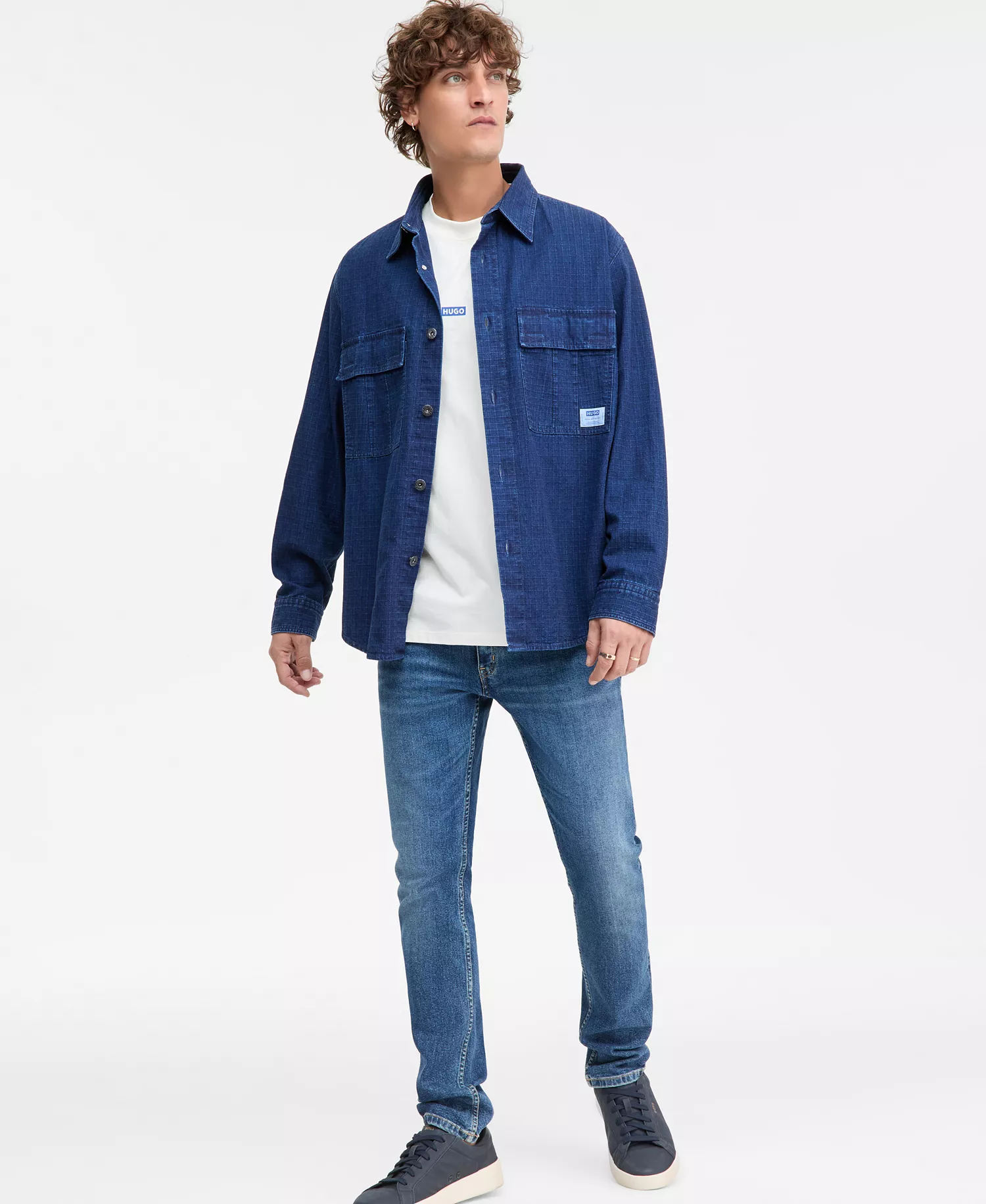 Ebargo Grid-Pattern Denim Button-Front Shirt Jacket - navy - L