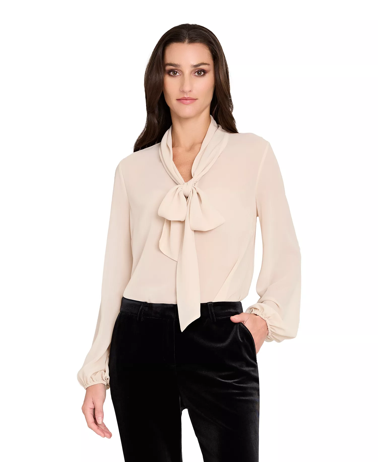 Women's Long-Sleeve Bow Neck Blouse - Creme - L