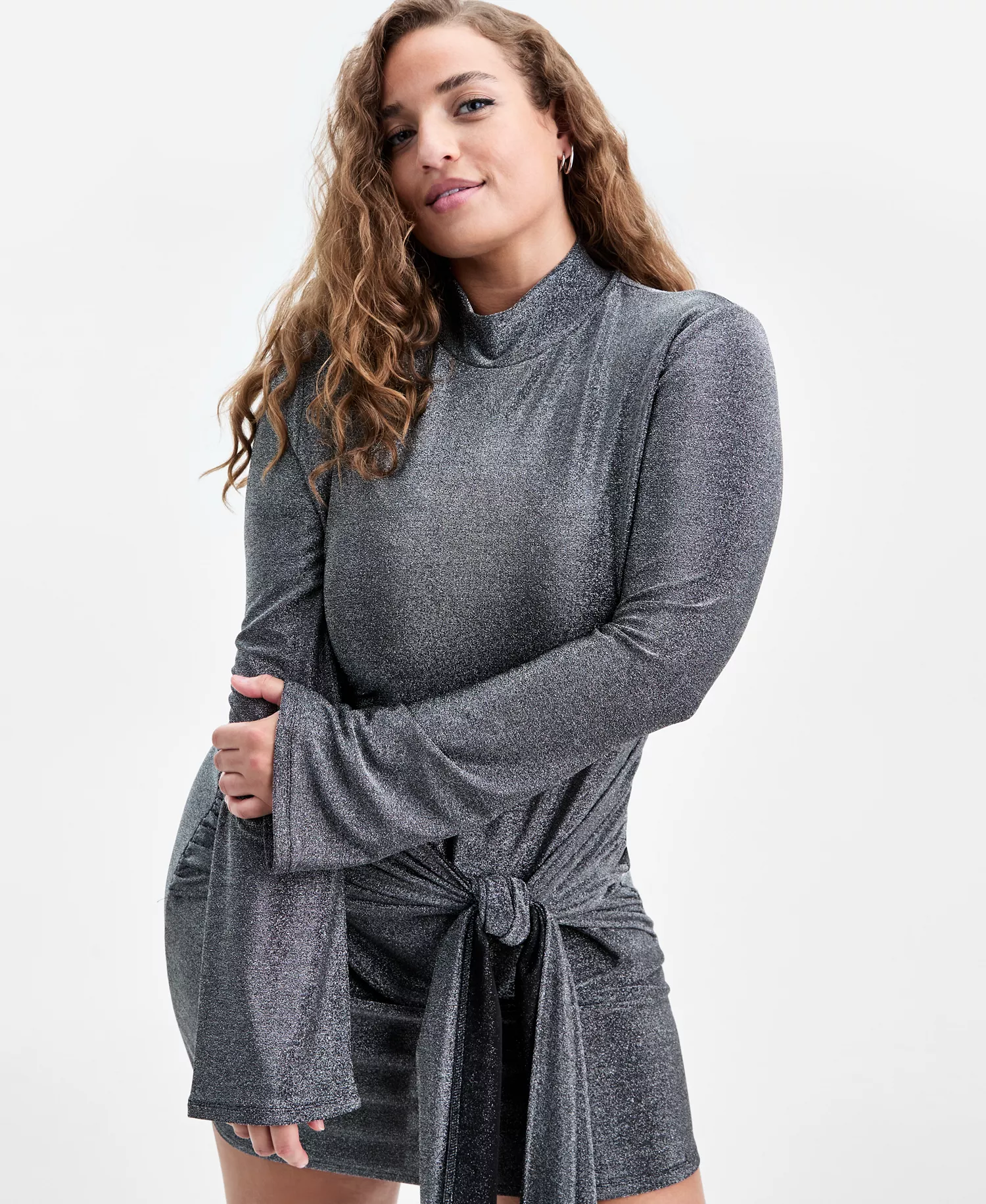 Trendy Plus Size Long-Sleeve Side-Tie Mini Dress, Macy's Exclusive - Grey - 0X