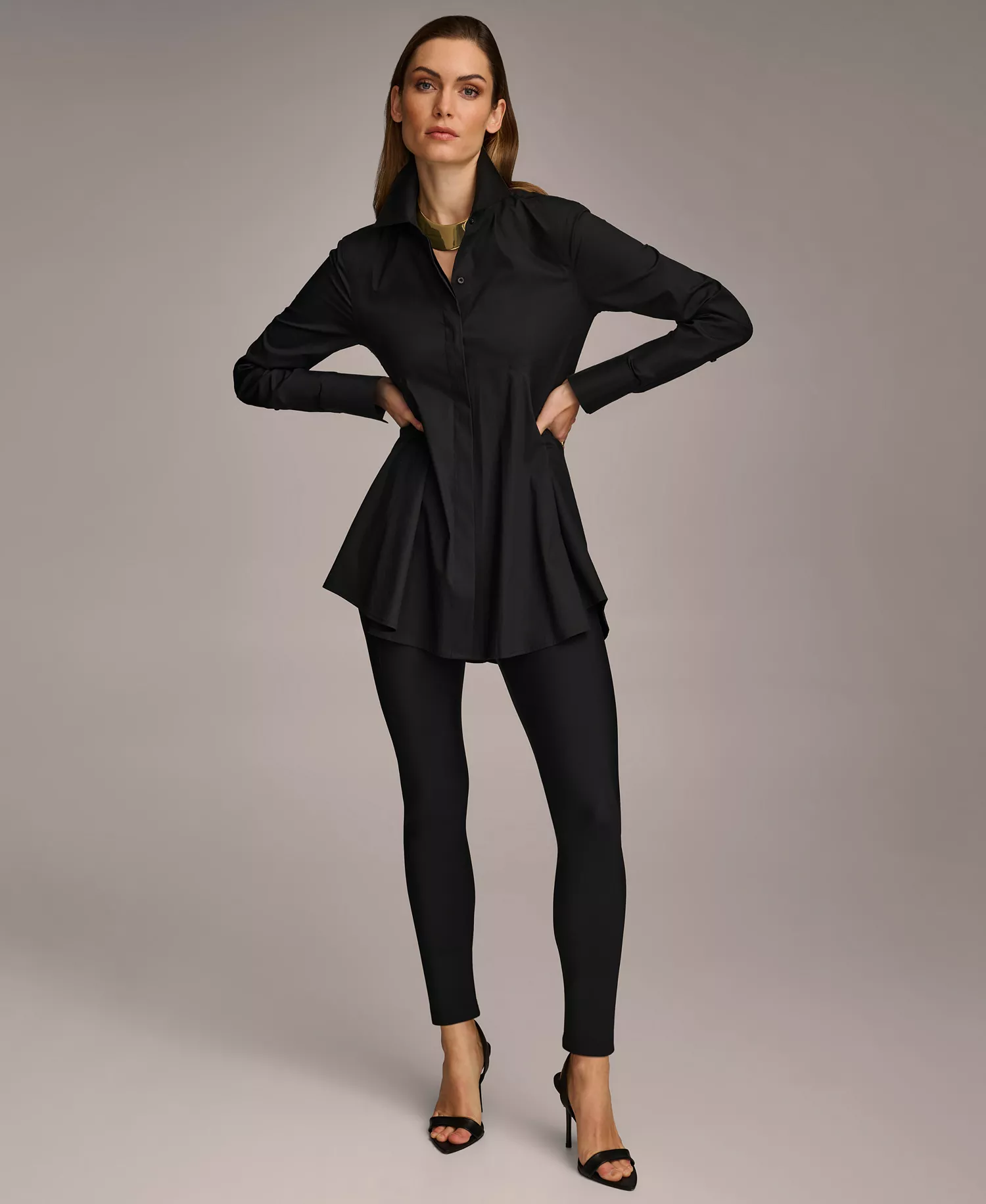 Women's A-Line Button Down Poplin Tunic - Black - L