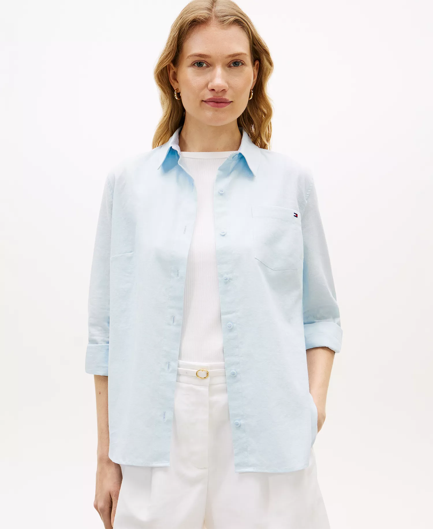 Women's Linen Roll-Tab Sleeve Collared Shirt - Breezy Blue - L