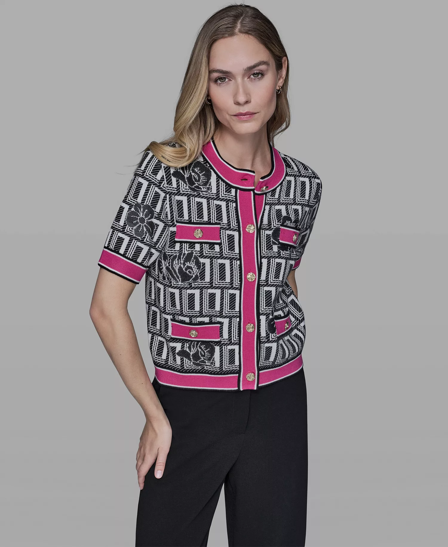 Women's Crew Neck Button-Front Sweater - Soft White/black/paris Pink - L