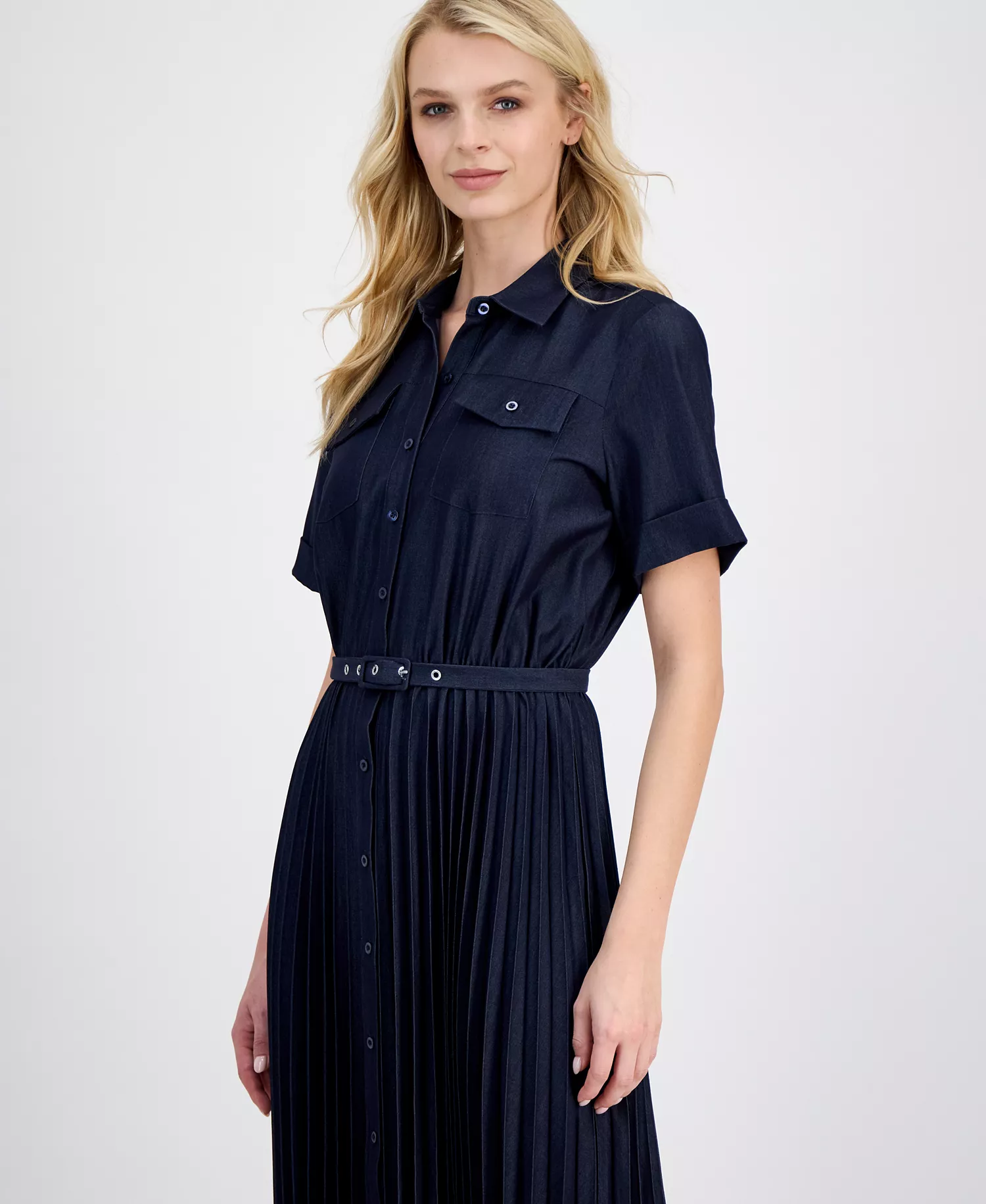Women's Belted Button-Front Midi Dress - Dark Denim - 10