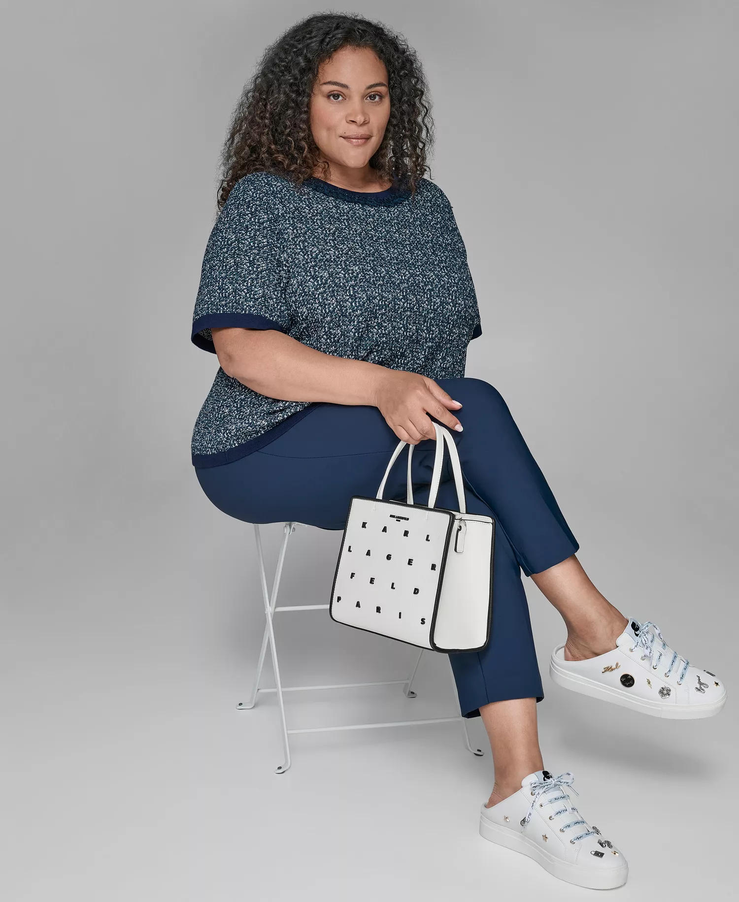 KARL LAGERFIELD PARIS Plus Size Short Sleeve Crew Sweater - Blue Soft White - 0X