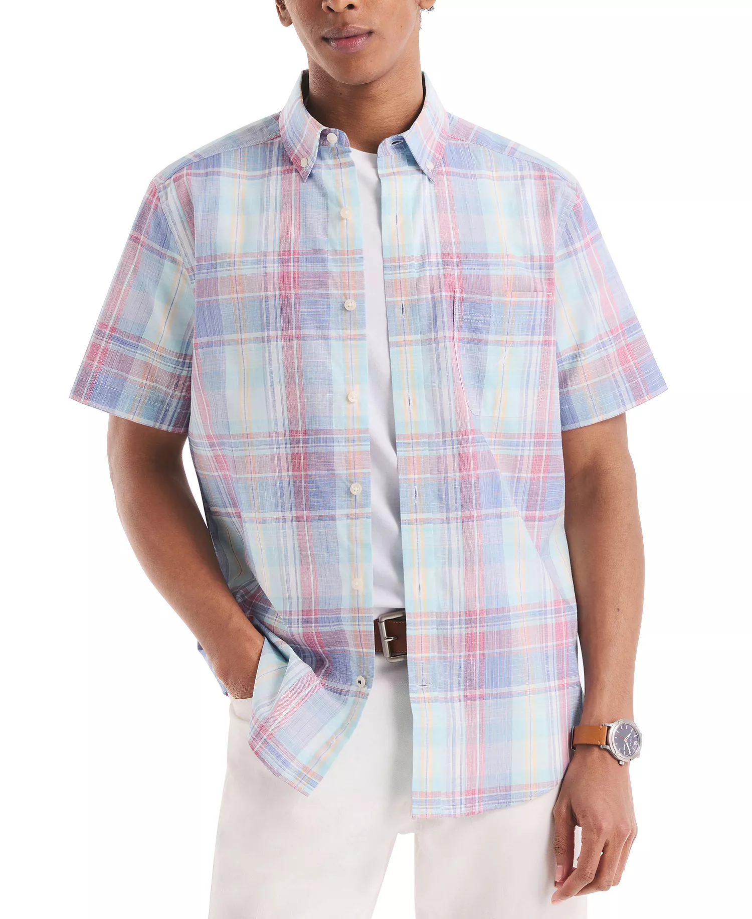 Men's Classic-Fit Plaid Button-Down Poplin Shirt  - Deep Fuschia - M