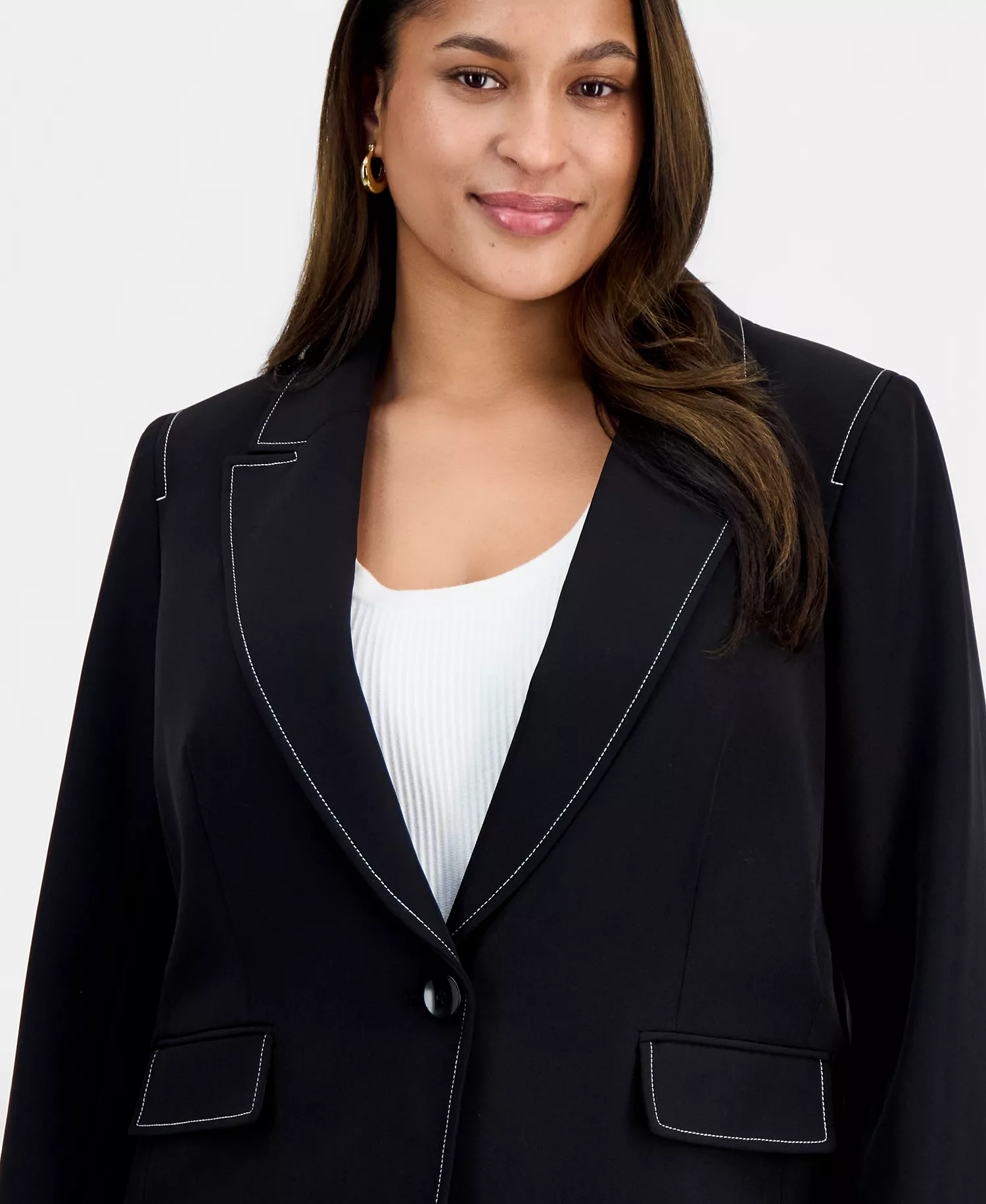 Plus Size Peak-Lapel Single-Button-Front Long-Sleeve Jacket  - Black White - 14W